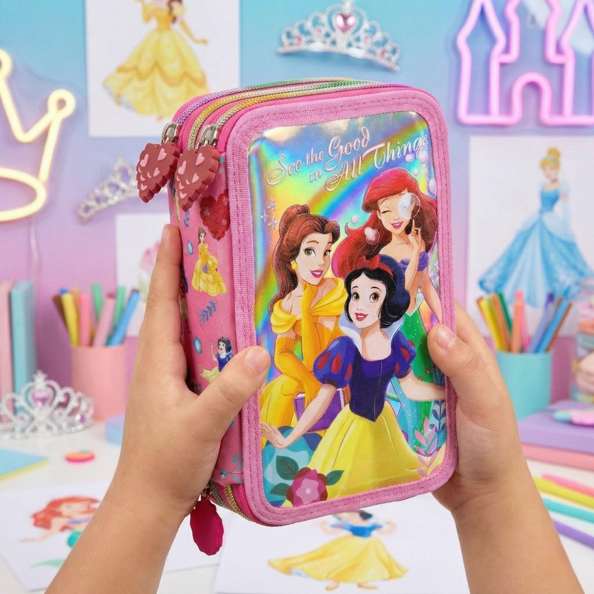 Plumier Triple 45 Piezas para Disney Princesas Fan – Estuche Escolar Completo con Bolígrafos Gel Borrables, Lápices 4.0 mm, Rotuladores, Tijeras, Pegamento – Ideal Primaria y Regalo niña Clondo