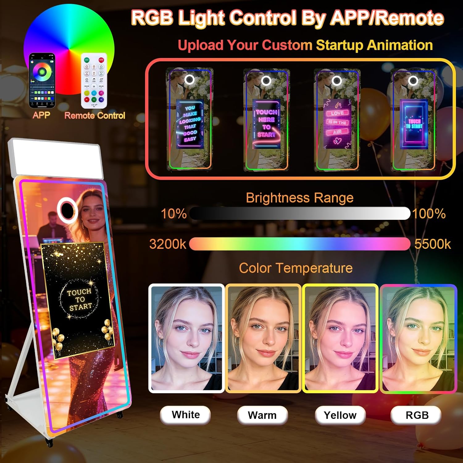 65 Inch Magic Mirror Photo Booth with 32'' Interactive Touch Screen, RGB Square Light, Mini PC and Flight Case for Wedding Party Event Rental (White, Photo Booth+Printer)