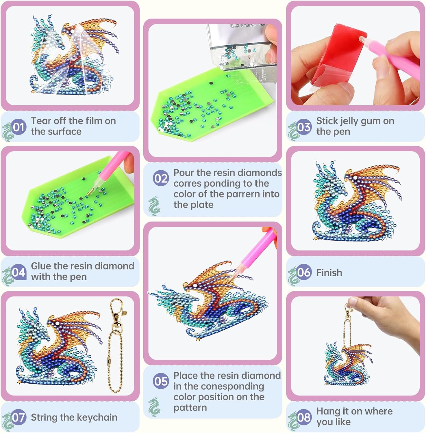 INCOK Diamond Art Keychains Dragon - 12 Pcs Diamond Painting Ornament Kits DIY Key Chain Set Animal Gem Art Crafts Graduation Birthday Festival Gift for Adult Beginners