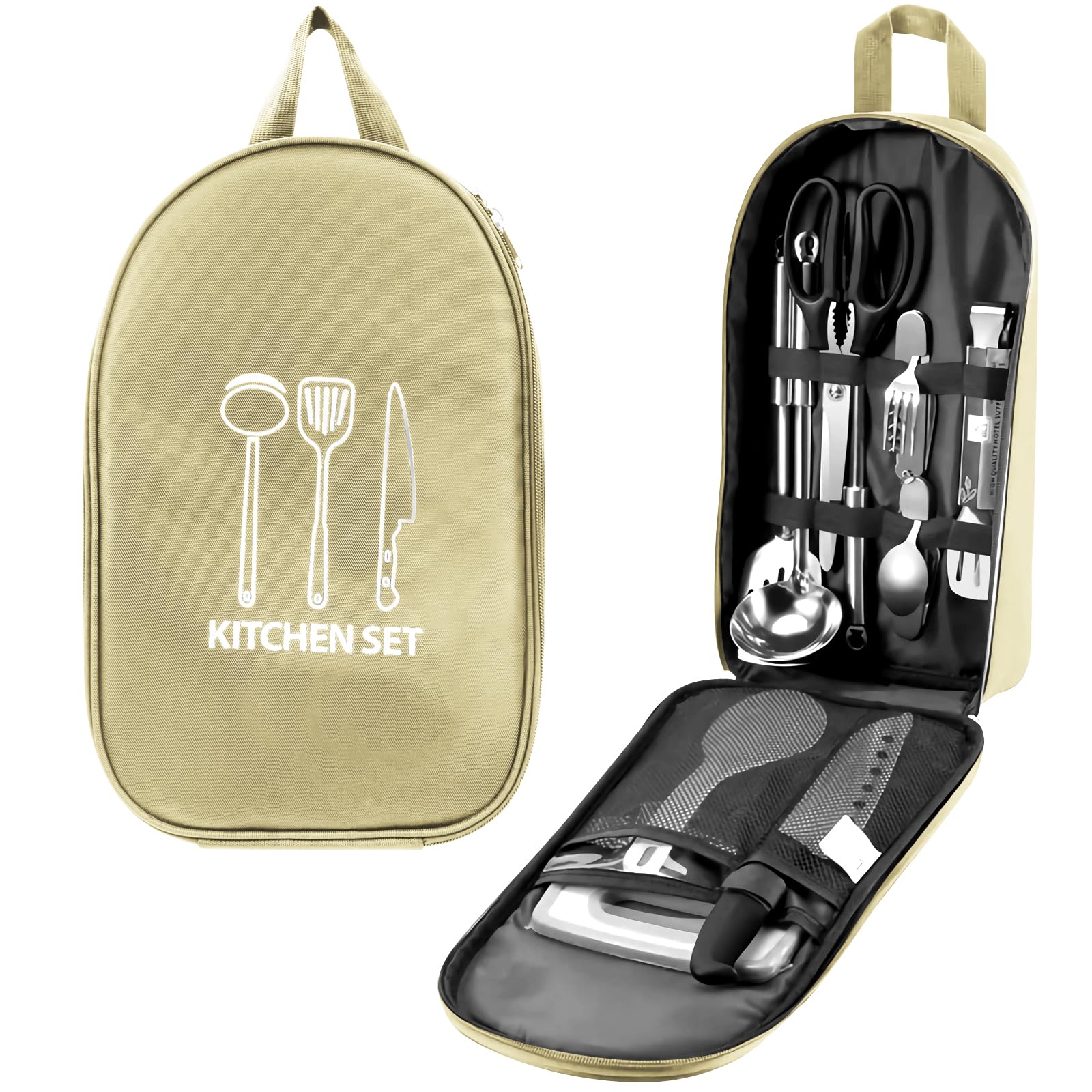 Casbomy Camp Kitchen Organizer, High-Capacity Camping Cooking Utensils Bag, Multi-Pocket Waterproof Portable Storage for Camp Kitchen Kit, Camping,BBQ (Grey)