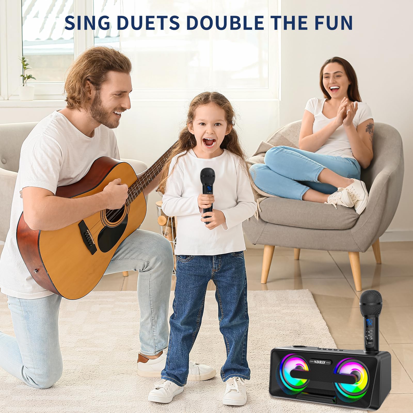 Maszyna do karaoke dla dorosłych i dzieci, 2 mikrofony UHF, głośniki Bluetooth, system PA z lampami, uchwyt na telefon, idealna na imprezę, piknik,