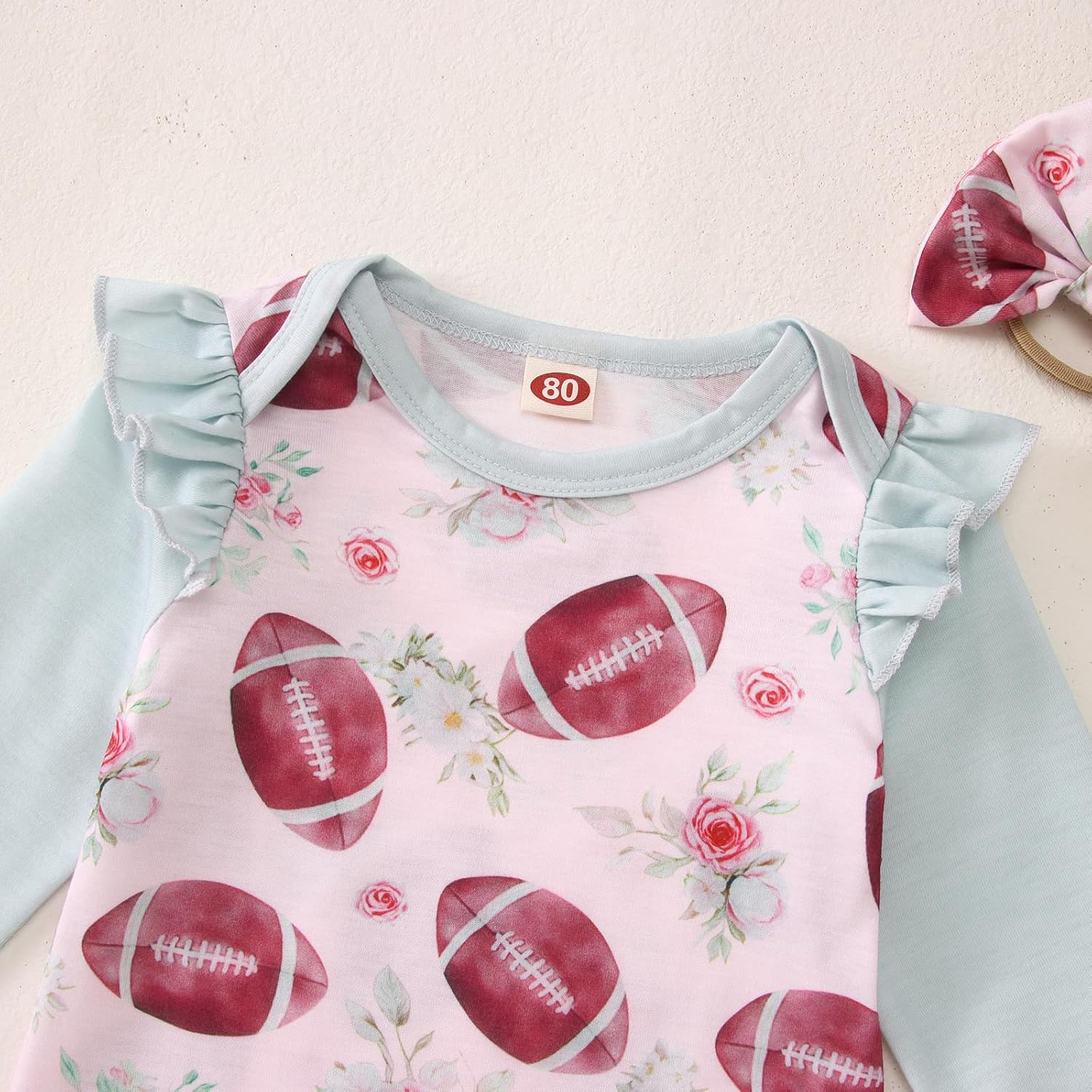 GLIGITTR Baby Girls Football Outfits Set Infant Game Day Floral Bodysuit Football Fans Lover Onesie Romper Jumpsuits+Headband - Image 6