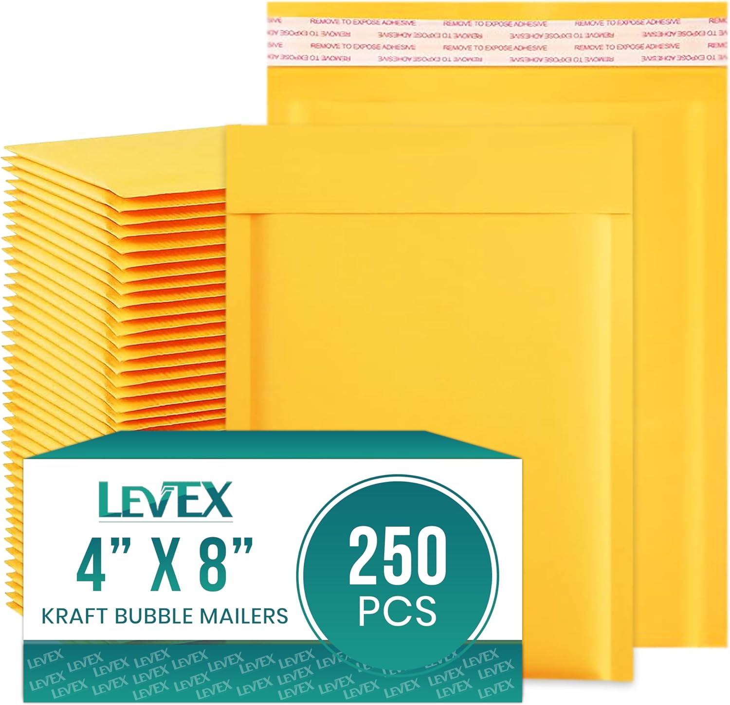 Levex - #000 4" x 8" [250 Pack) Kraft Bubble Mailers, Padded Envelope Mailers, Packing Envelope & Mailing Bags for Shipping
