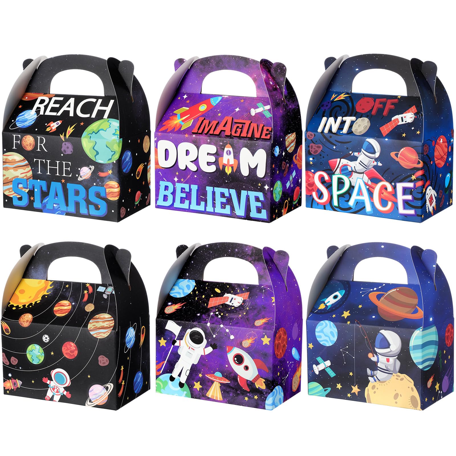 MotiMind 24 Pcs Space Theme Party Favor Treat Boxes Party Gift Box with Handles Gift Wrap Snack Goody Cardboard Boxes