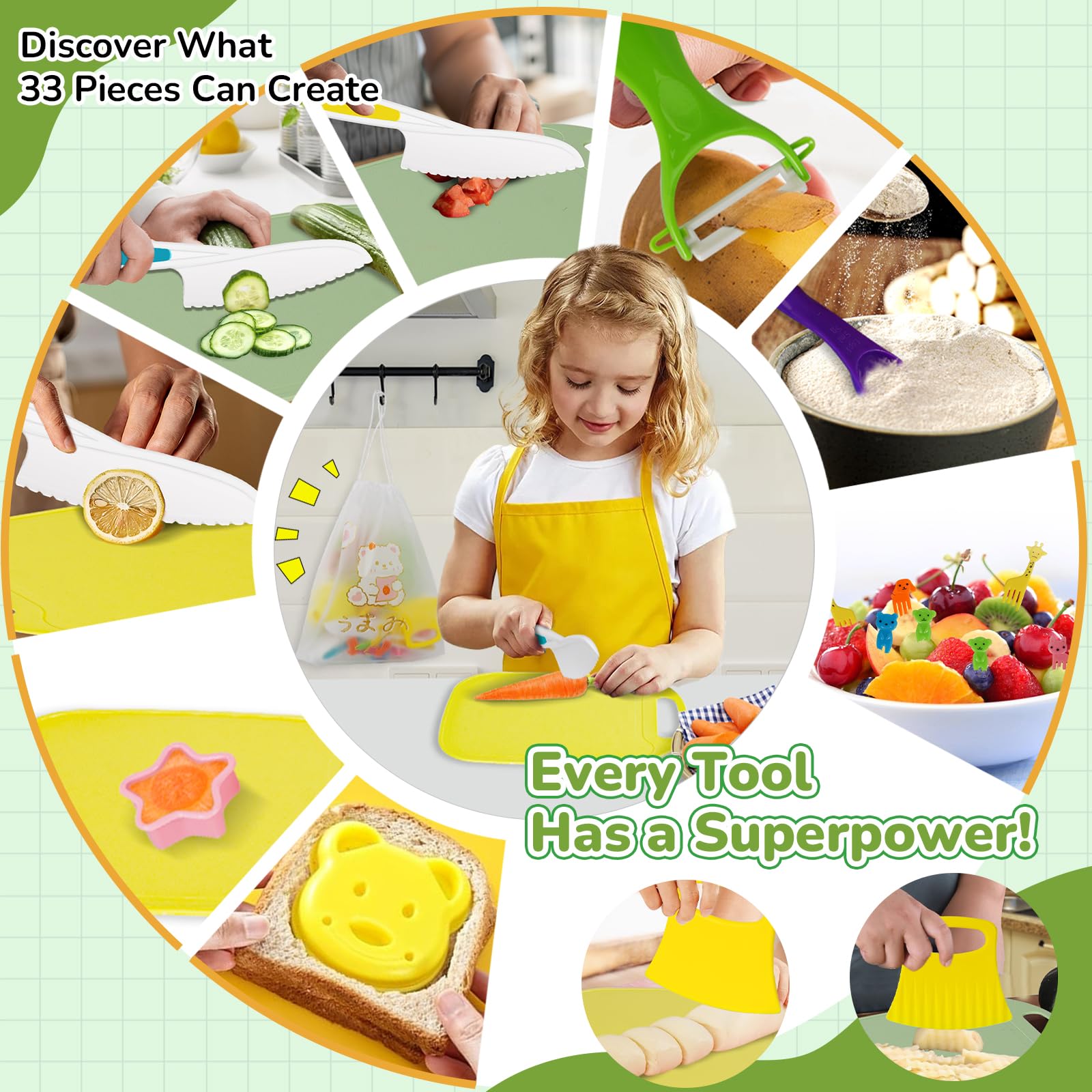 Cheffun Kit De Couteaux Enfant Sécurisé 33 Pièces - Couteau Montessori Pour Fruits Et Légumes - Cadeau Parfait Pour Les 2-6 Ans | Avec Planche Et éplucheur