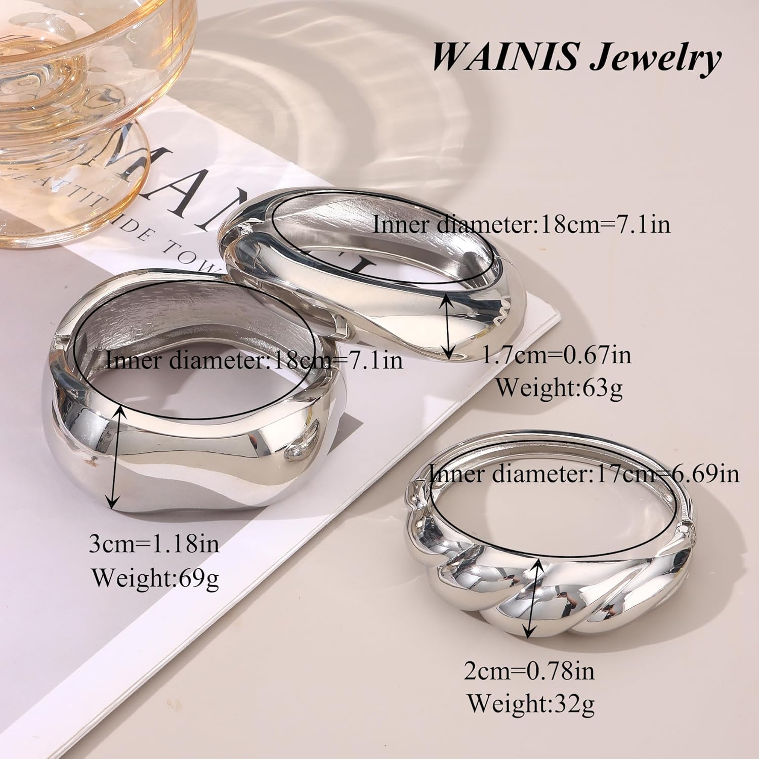 WAINIS 3Pcs Chunky Gold Bangle Bracelets for Women Trendy Wide Wrist Cuff Bracelets Stack Statement Bangle Fashion Gift - Image 3
