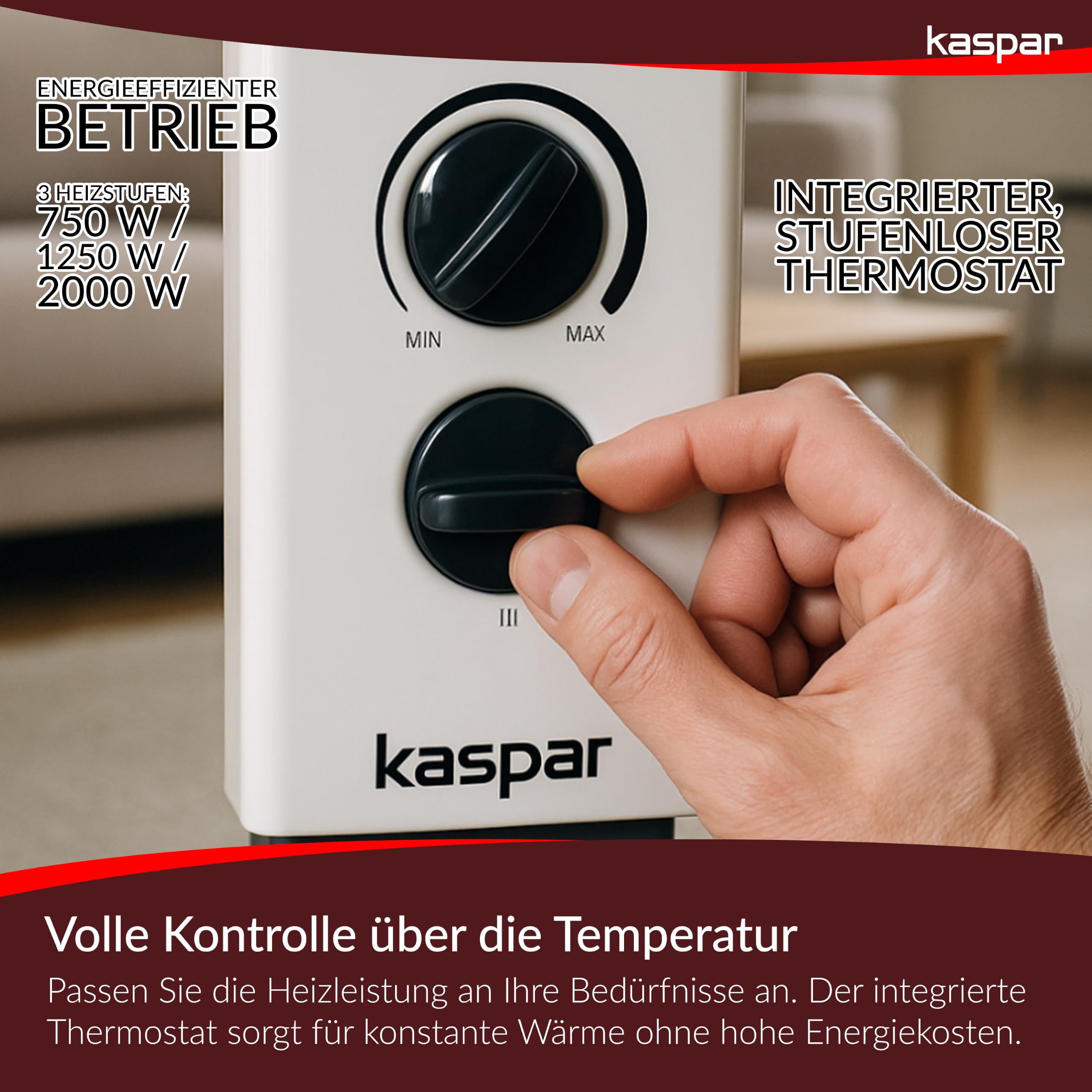 KASPAR Convector Dispositivo de calefacción, radiador con termostato y 3 modos de calor, 750, 1250, 2000 W, calefacción eléctrica, blanco