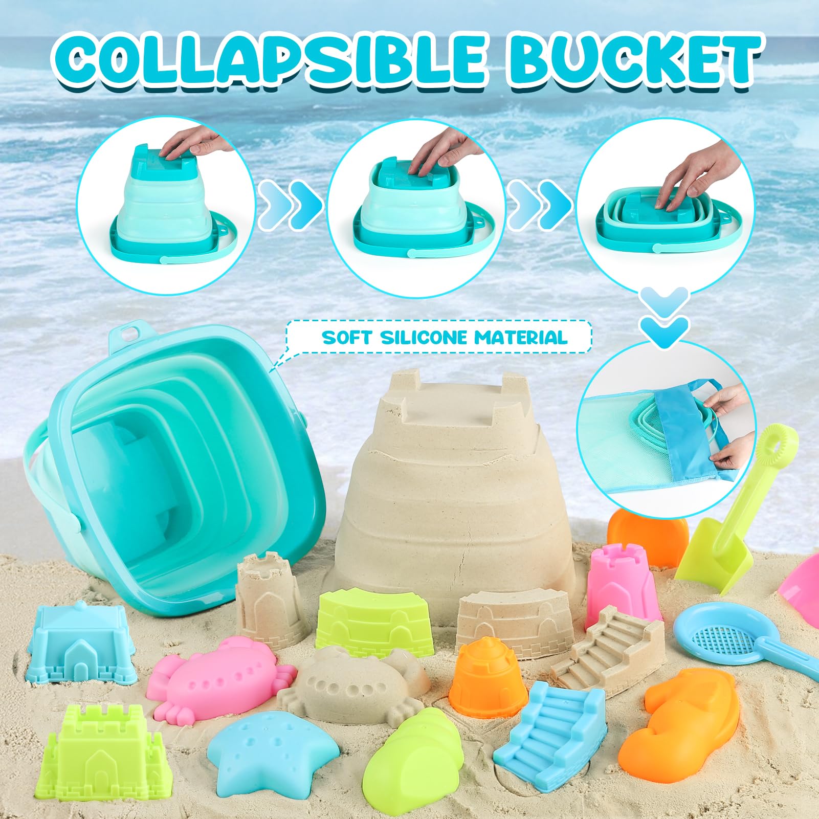 YIMORE Beach Toys Set for Kids 28 PCS Sand Bucket and Spade Beach Set Kids - Image 2