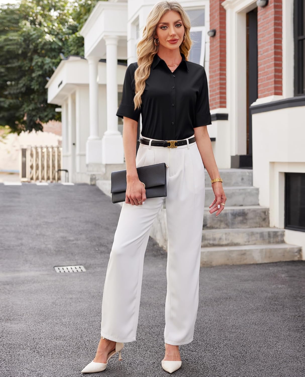 Button Down Shirts for Women Fitted Short Sleeve Dress Shirt Collared Blouses Work Tops Wrinkle Free - Image 5