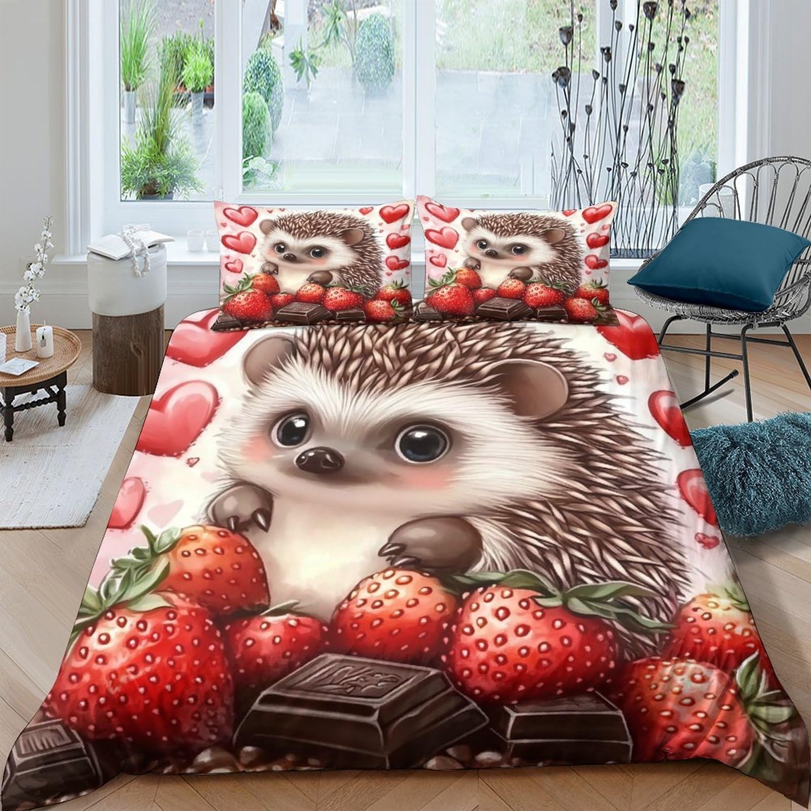 Ctjqhvkz Style-10 3D Printed Cute Hedgehog Fitted Sheet Microfiber Strawberry Chocolate Bed Cover Non Slip Machine Washable Bedroom Decor Single（135X200cm）