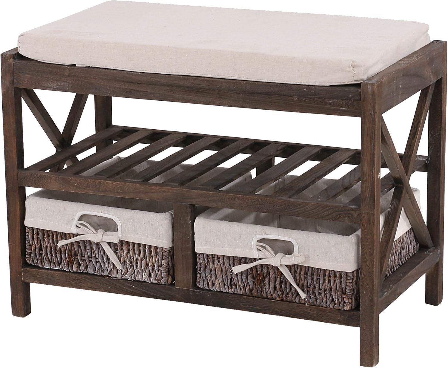 Panca Cassapanca Con Cuscino 119x40x85 Cm - Legno Di Paulonia, Bianco Antico - Foto 10