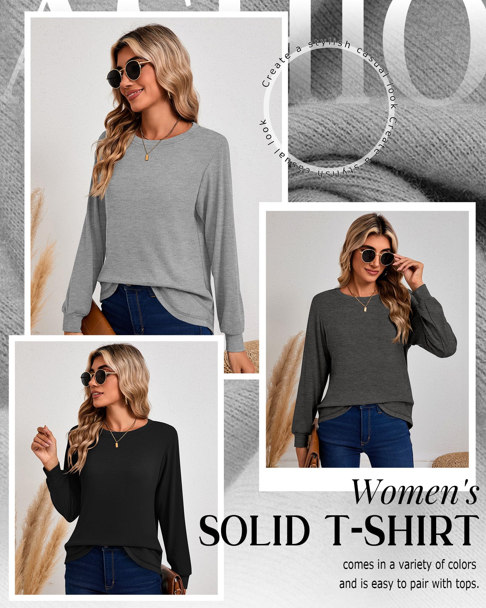 Ficerd 3 Pack Women's Long Sleeve Shirts, Cotton Crew Neck Tunic Tops Casual Loose Fit Pullover Sweatshirts Curved Hem Shirts
