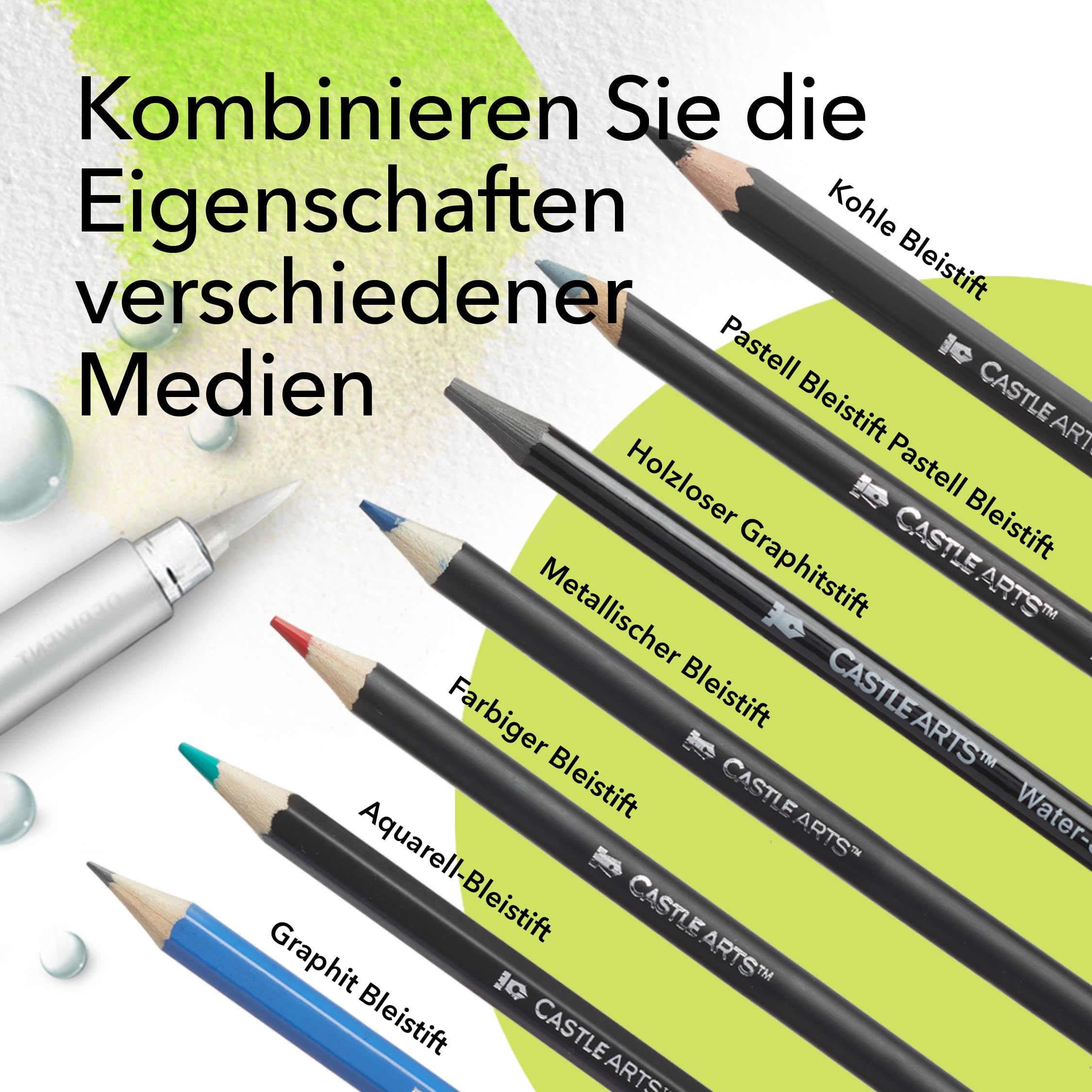 Castle Art Supplies gemischtes Kunstmittel Set | 120+ Künstlerstifte-Kollektion – Buntstifte, Aquarellstifte, Pastellstifte, Metallic-Stifte, Grafitstifte, Kohlestifte | Im übersichtlichen Reiseetui
