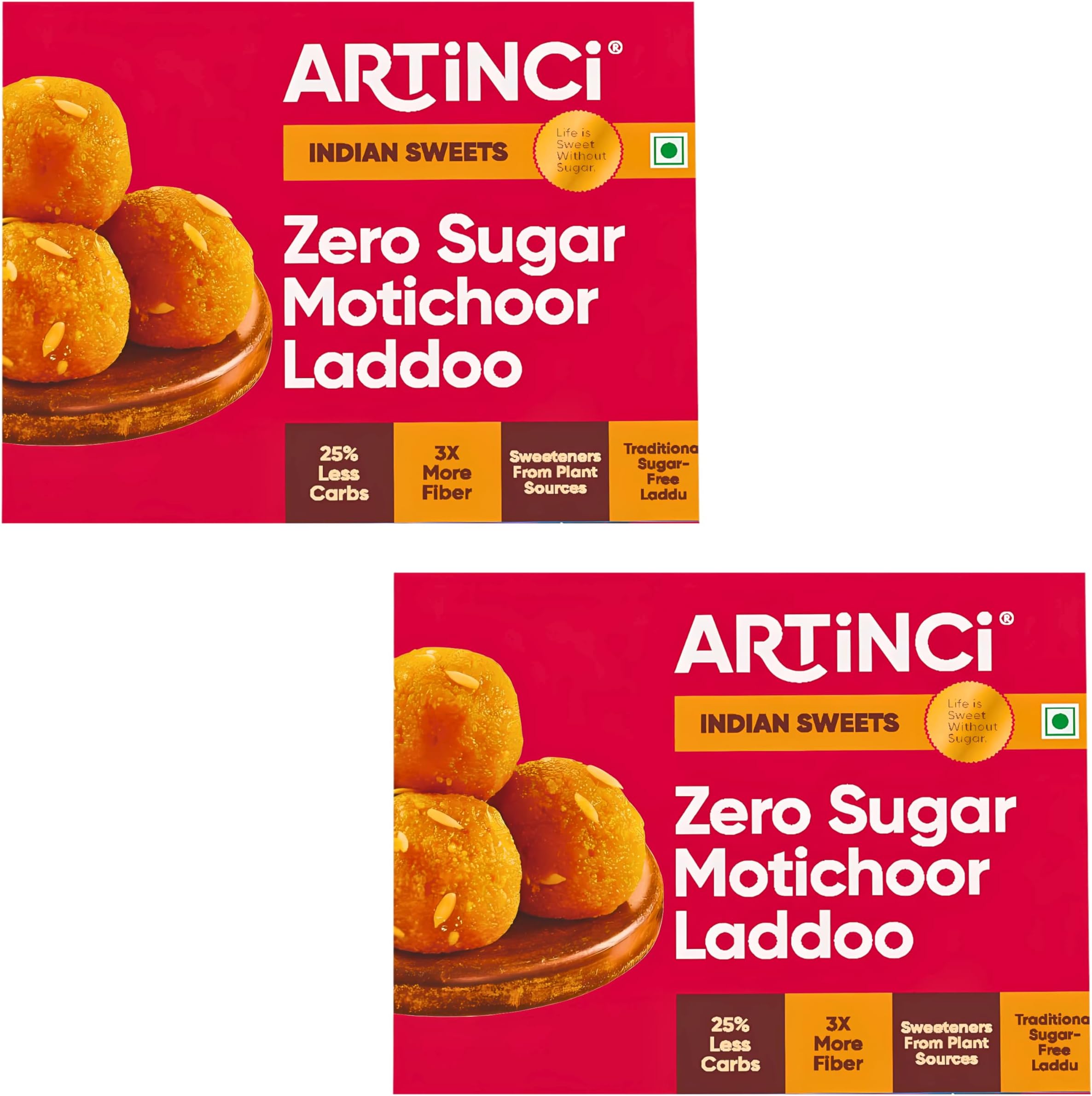 Sugar Free Motichoor Laddu (pack of 2 x 190g), Low Carb Diabetic-Friendly Sweets, Desi Ghee Indian Mithai with No Added Sugar, Healthy Low GI Ladoo, High Fiber & Protein Rich Keto Dessert