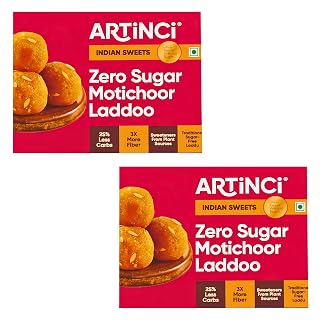 Artinci Sugar Free Motichoor Laddu (pack of 2 x 190g), Low Carb Diabetic-Friendly Sweets, Desi Ghee Indian Mithai with No Added Sugar, Healthy Low GI Ladoo, High Fiber & Protein Rich Keto Dessert