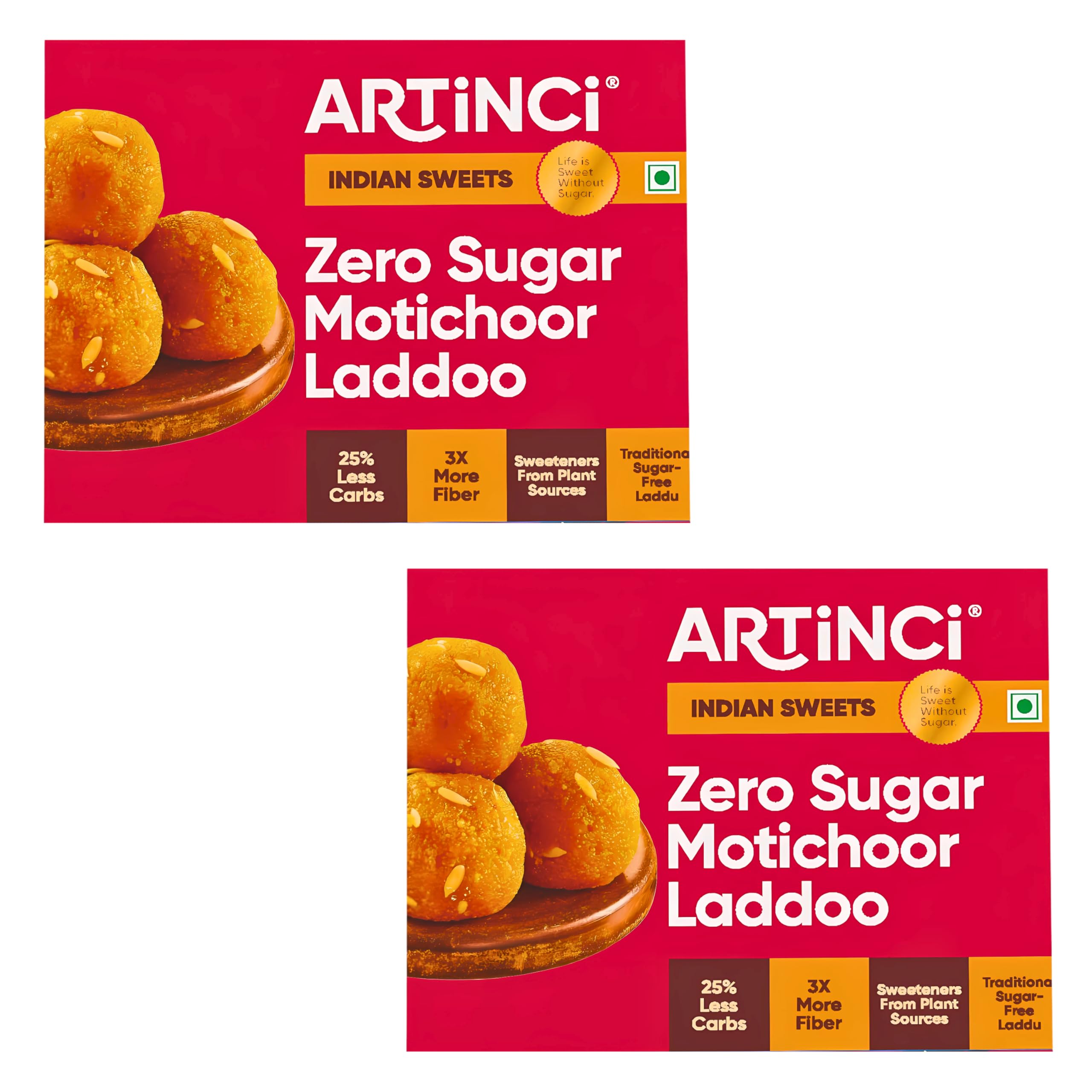 Sugar Free Motichoor Laddoo, Low Carb Diabetic-Friendly Sweets, Desi Ghee Indian Mithai with No Added Sugar, Healthy Low GI Ladoo, High Fiber & Protein Rich Keto Dessert, 190g (Pack of 2)
