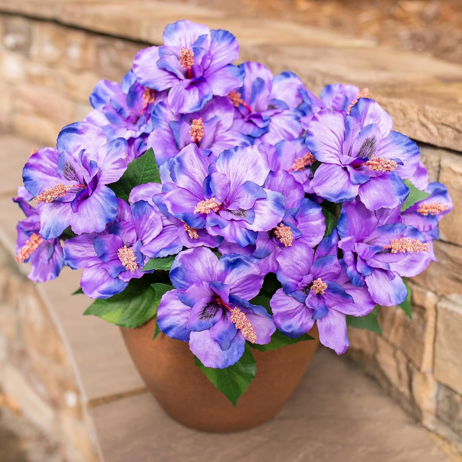 Fake Hibiscus Artificial Flowers Plants for Outdoors Decoration, 4 Bundles Silk Hibiscus Tropical Flowers Artificial Realistic UV Resistant Faux Flower for Outside Planter Patio Porch Garden, Purple - Image 9