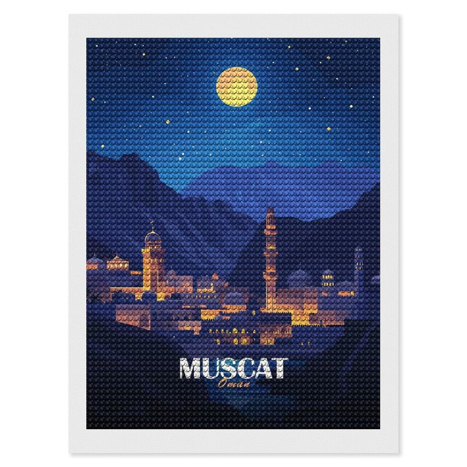 Junmoney Muscat, Oman Nightscape Illustration Diamond Painting Kit 12"x16", Easy Handmade Project, Cosy Home Accent, for Craft Lovers, Holiday Gift Idea