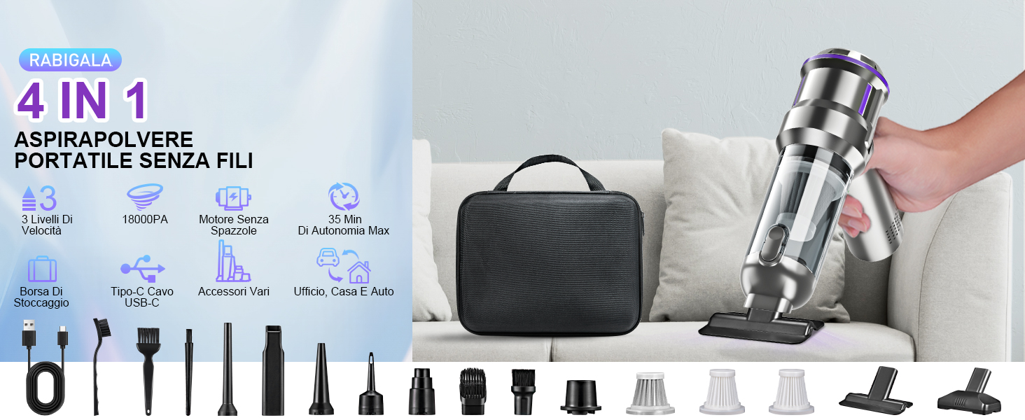Aspirapolvere Senza Fili 4 In 1 160W - 12KPa - Batteria 40 Minuti - Tubo Telescopico - Filtro Avanzato - Nero Con 2 Batterie