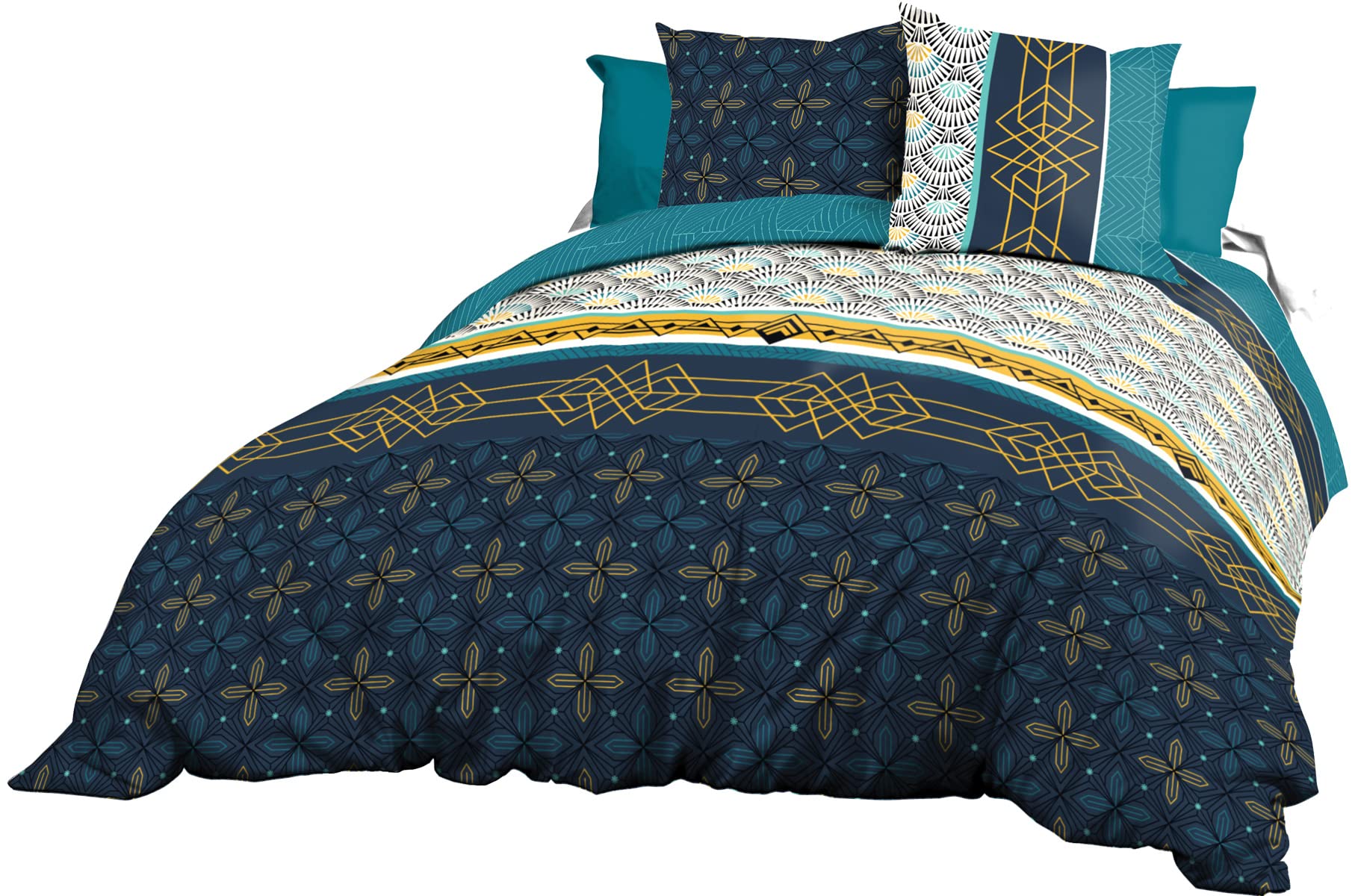 Le Linge de Jules Parure Drap Plat + Drap-Housse 140x190 cm + 2 T - Pur Coton 57 Fils - Biarritz Bleu, Jaune