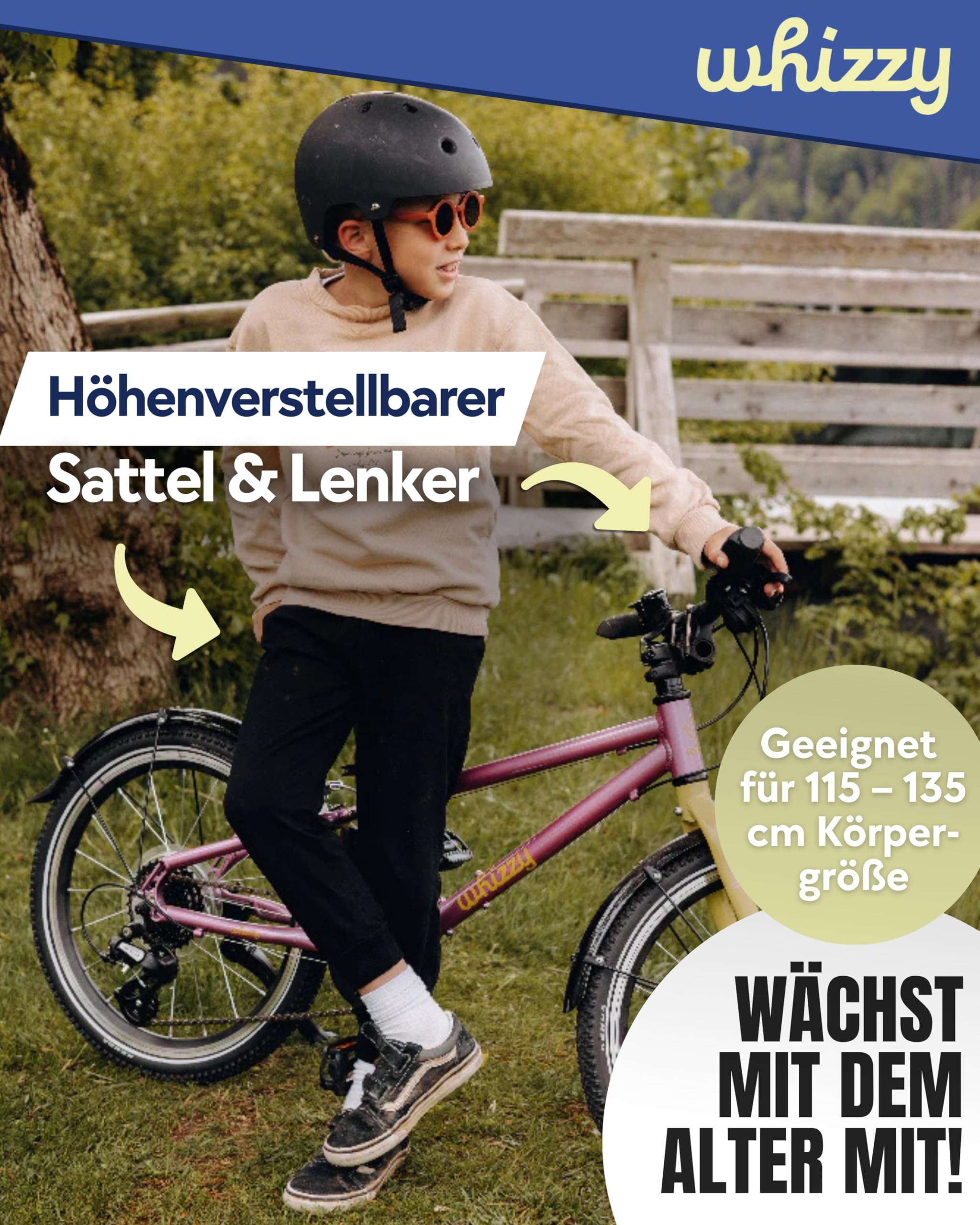 whizzy Kinderfahrrad 20 Zoll I Stilvolles Fahrrad für Kinder ab 5,5 Jahren I Mädchen- & Jungen-Fahrrad mit Ständer, Schutzblechen & Licht I 9 kg leichtes Mountainbike mit Gangschaltung