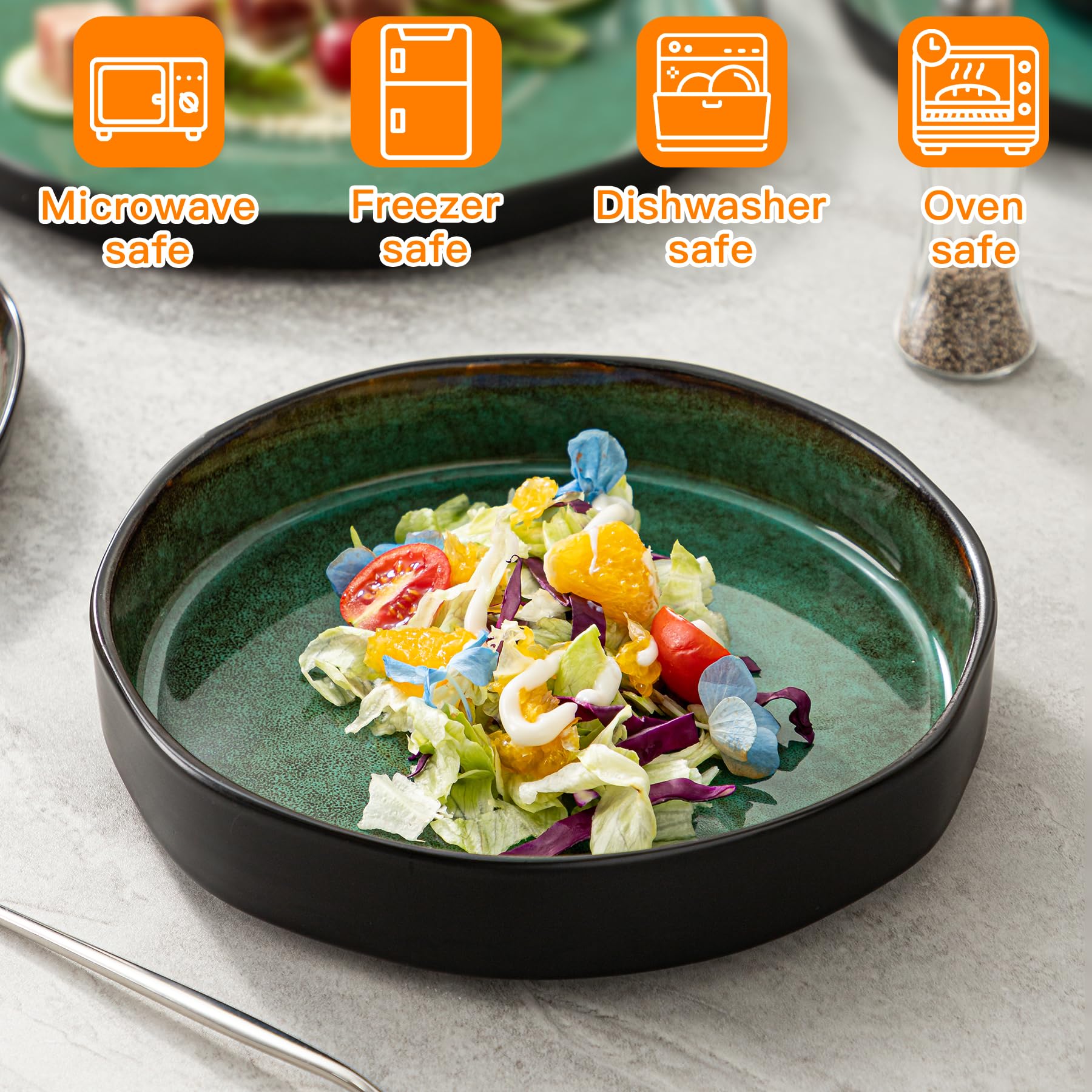 CSYY 4 Pcs Large Pasta Bowls, 1000ml 22cm Deep Porcelain Plates Set, Green Round Premium Plates Set for Pasta Salad, Soup, Fruit - Image 3
