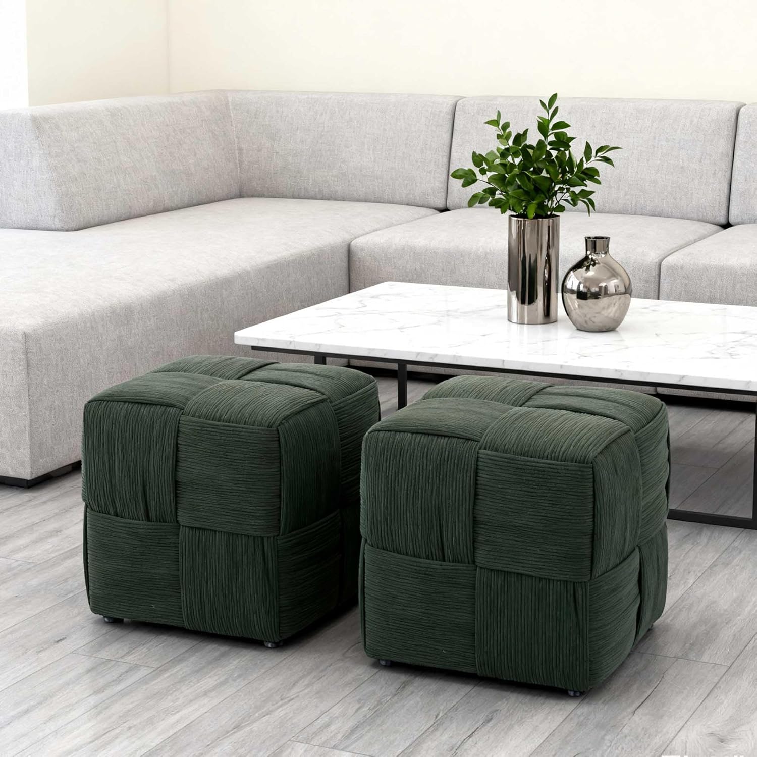 Green Cube Ottoman, Foot Rests Pouf Soft and Comfortable Corduroy Woven Design, Foot Rest for Couch for Living Room, Bedroom, Square Pouf Ottoman 14.2" (Green)