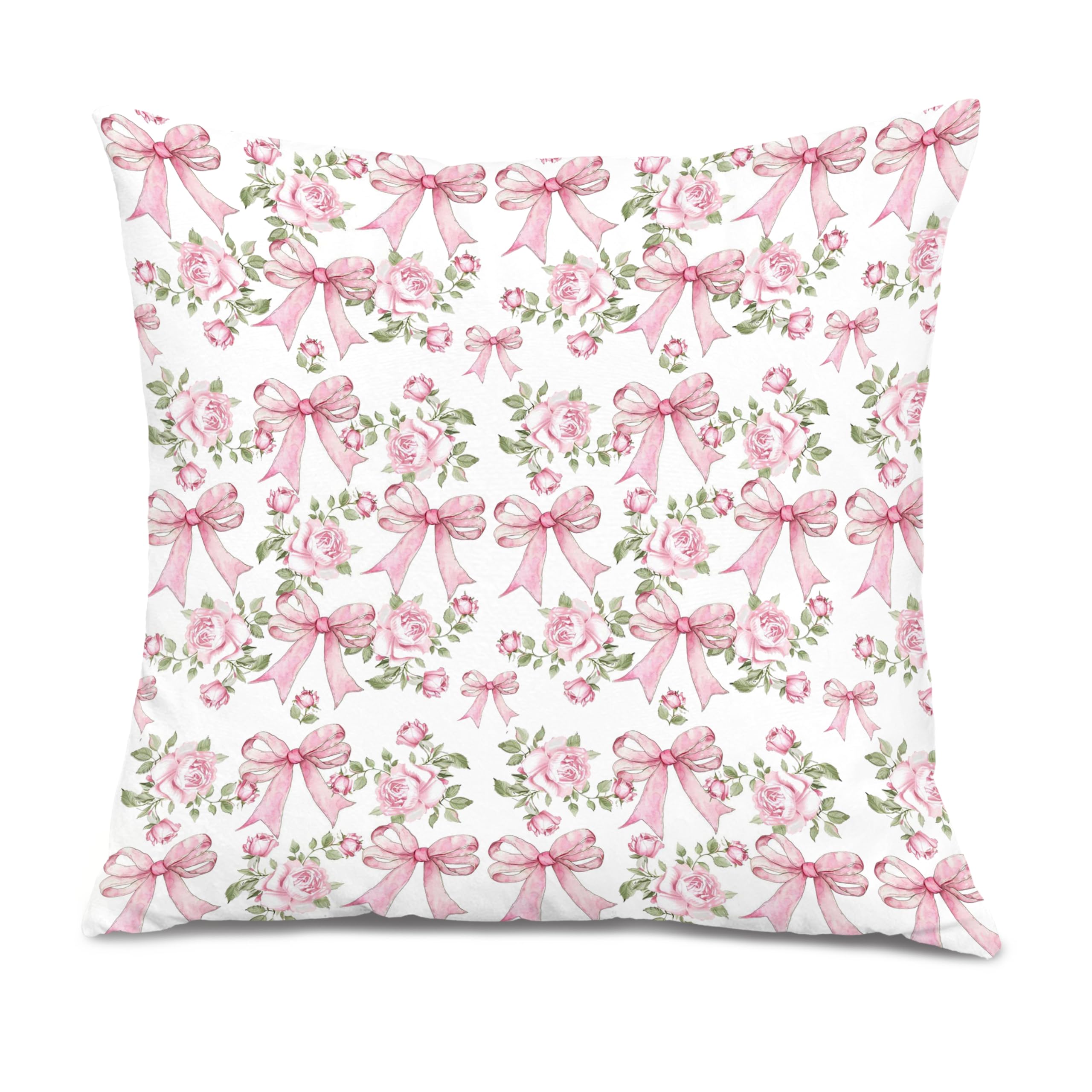 XUNLURY Coquette Pink Bow Rose Floral Pillow Covers 18x18 Coquette Preppy Room Decor Grandmillennial Home Decor Girly Shabby