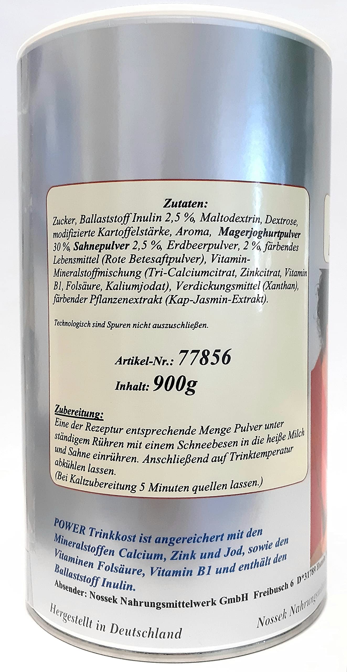 NOSSEK Aufbaukost ERDBEER-SAHNE-GESCHMACK 900 g Dose - zur zusätzlichen hochkalorischen Ernährung/mit Mineralstoffen u. Vitaminen/mit Ballaststoff Inulin/kalorienangereichert
