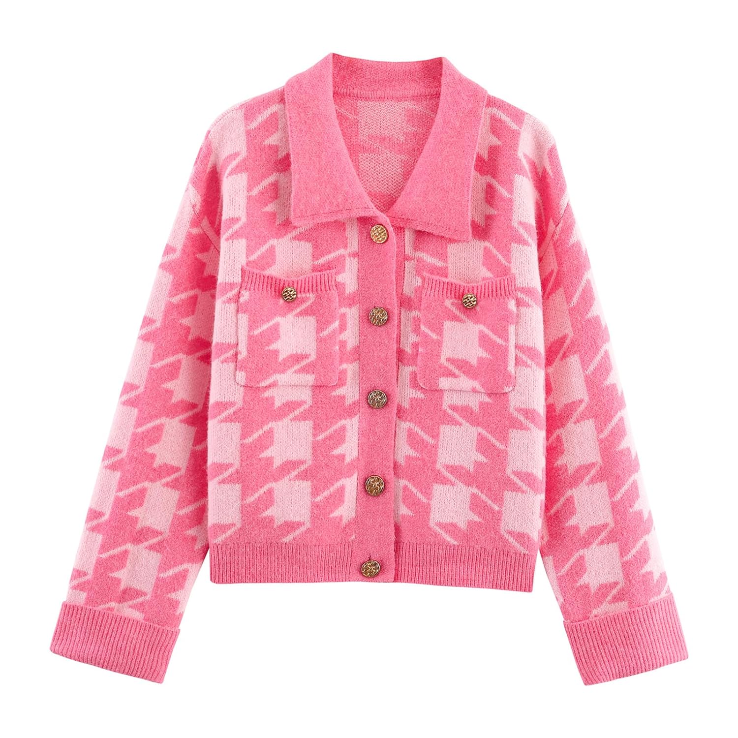HOULENGS Womens Casual Plaid Cropped Cardigan Sweater Long Sleeve Button Down Lapel Knit Sweater Coats with Pockets