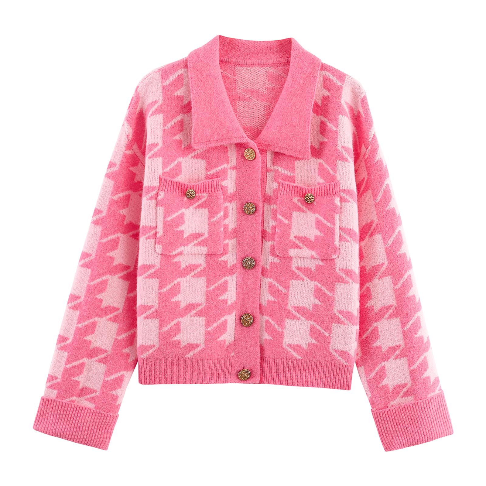 HOULENGS Womens Casual Plaid Cropped Cardigan Sweater Long Sleeve Button Down Lapel Knit Sweater Coats with Pockets