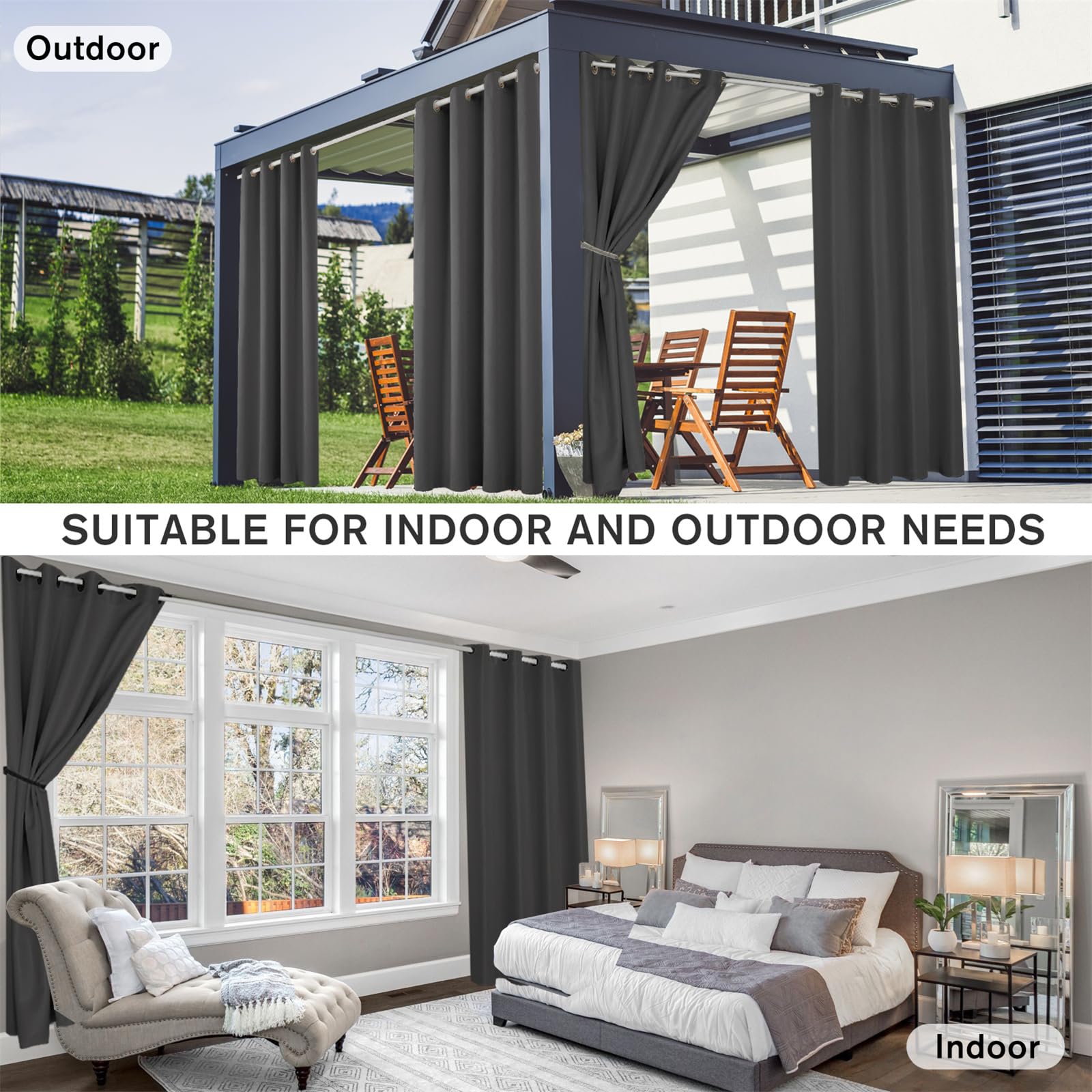 LINGKY Blickdicht Vorhänge Outdoorvorhänge Gardinen Terrassen Sichtschutz Outdoor Vorhang Wetterfest Wasserdicht Sonnenschutz für Balkon Pavillon, 213x132 cm(HöhexBreite), Grau, 2er Set