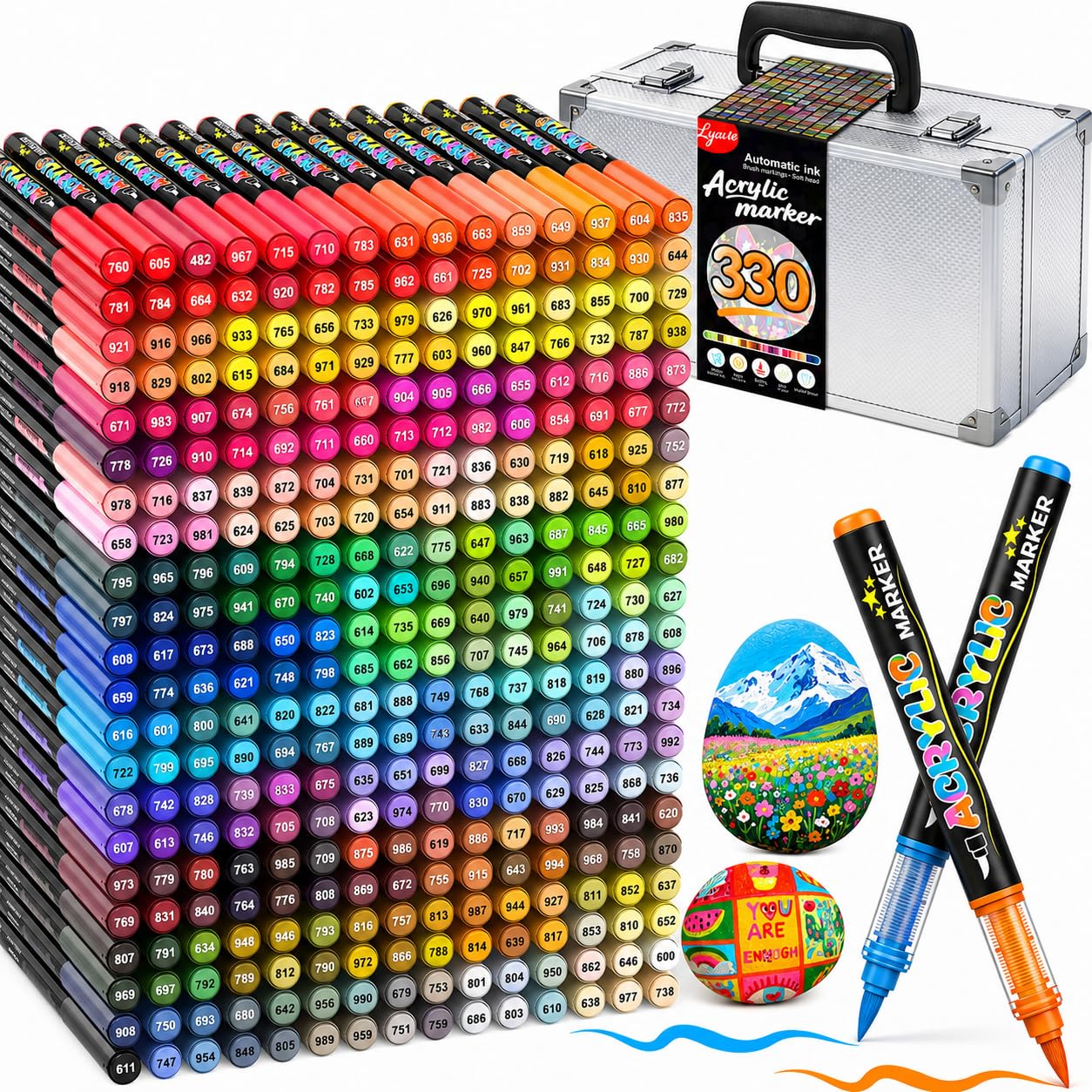 Lyuvie 330 Farben Acrylstifte für Steine WasserfestSet, Permanente Acrylic Paint Brush Marker Acrylstifte für Holz, Stein, Papier,Glas,Stoff, Kieselsteine, Kunststoff, Bastelbedarf