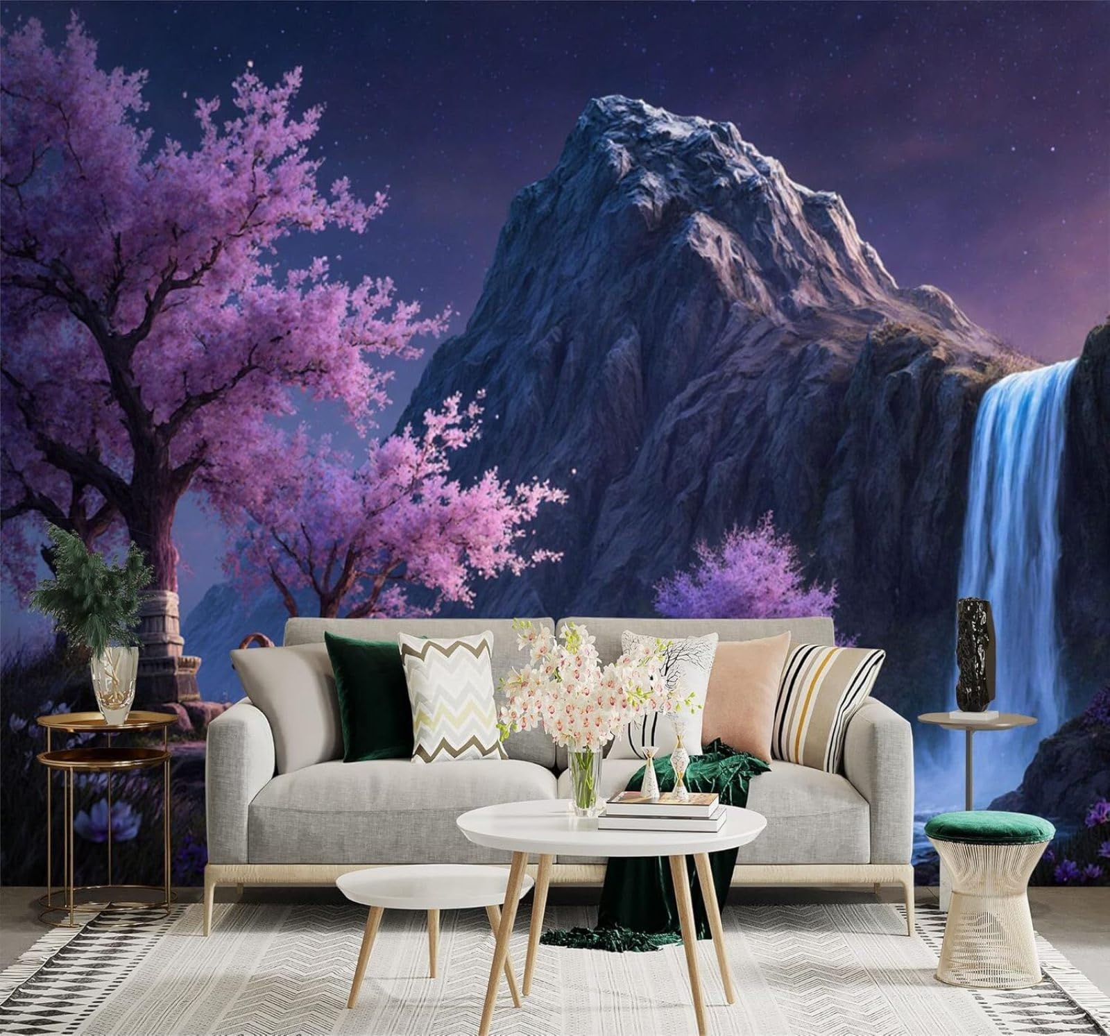 Xlming 350Cm×256Cm(B×H) Beautiful Cherry Blossoms Night Waterfall Mountain Scenery 3D Wallpaper Silky Texture Home Study Office Grey Dining Room Sofa Bedroom Living Room Tv Backdrop-350Cm×256Cm