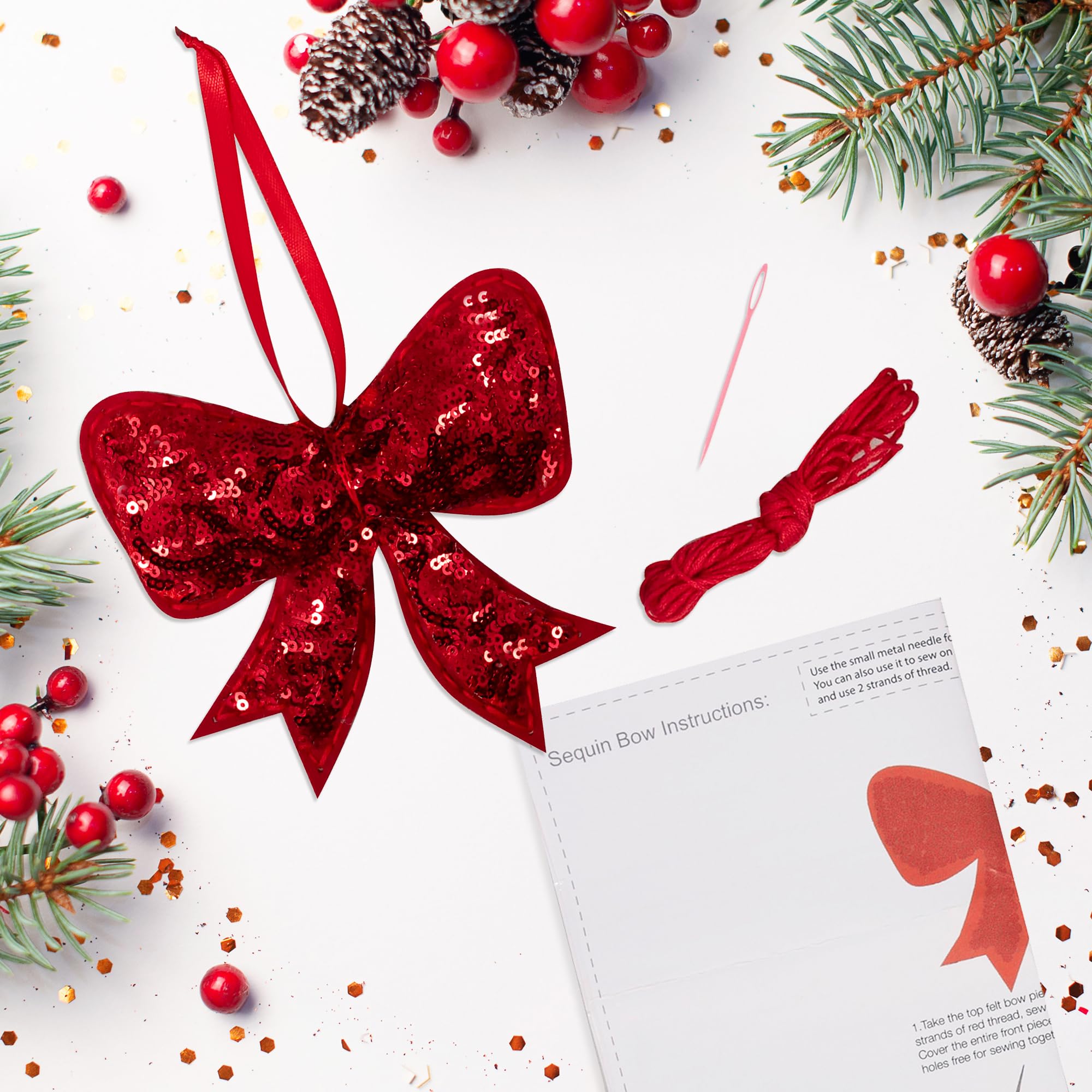 Trimits Kit De Décoration De Noël En Feutre – 12,5 X 12,5 Cm – Nœud à Paillettes – Avec Aiguilles Et Fils – Pour Débutants