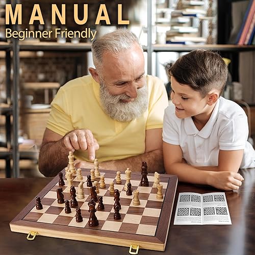 Miniatura 7 de Juego de ajedrez magnético de madera para adultos y niños, tableros de ajedrez plegables de 15 pulgadas con 2 reinas adicionales, juegos de ajedrez