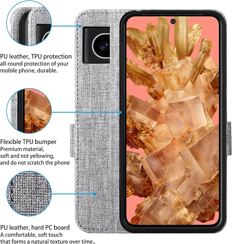 Foluu Google Pixel 8 Flip Tok - Prémium Műbőr Pénztárca Tok Kártyatartóval, Állvánnyal és Mágneses Zárral, TPU Keret, Ütésálló (Szürke)