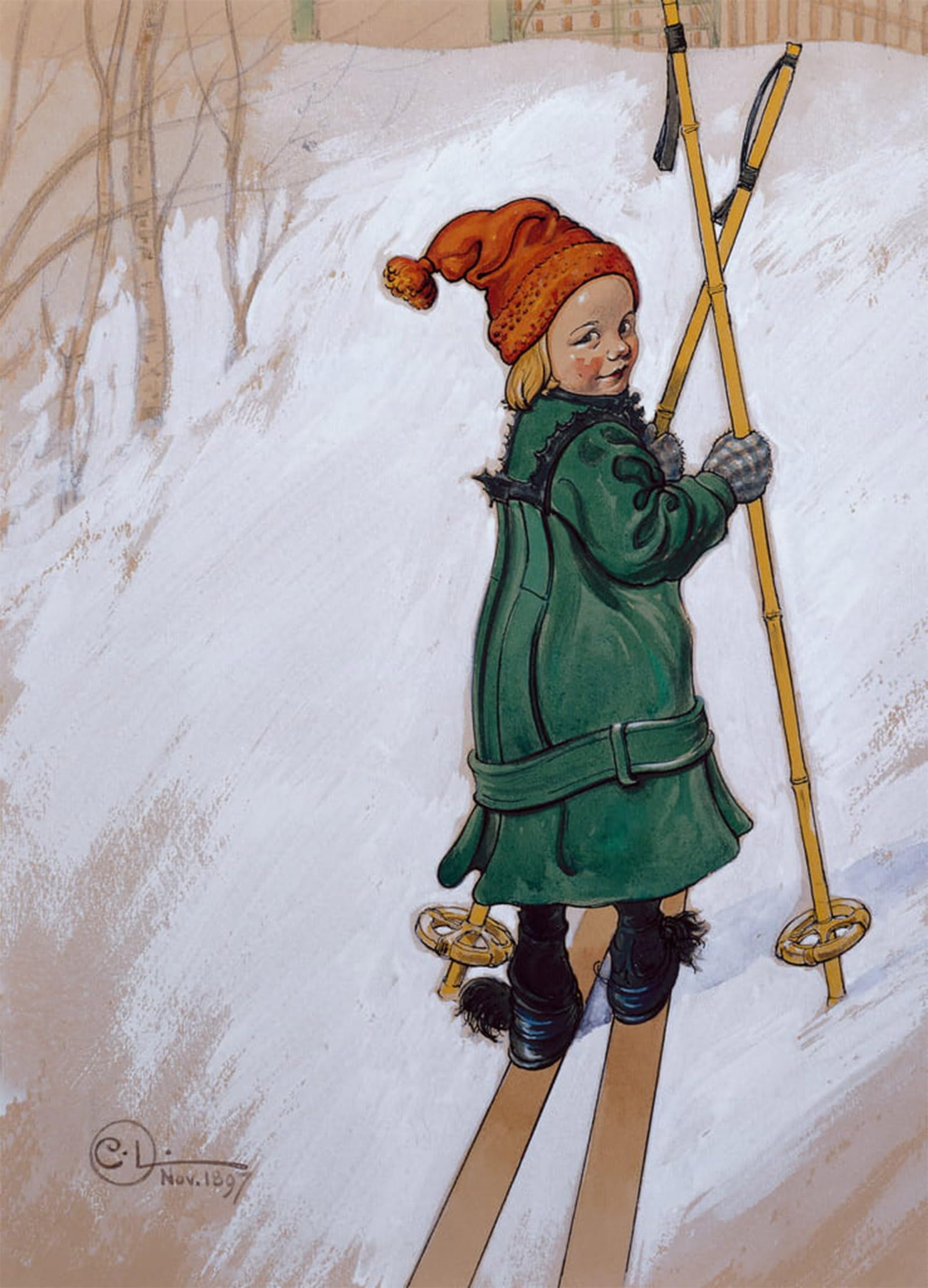 SERENDIPITP Vintage Picture Print on Canvas Wall Art Poster Little girl skiing by Carl Larsson Artwork Print Poster for Wall Decor 60x90cm