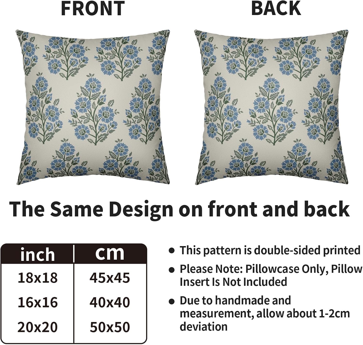Blue Floral Pillow Covers 18X18 Inch Set of 2, Blue Green Block Print Style Pattern Spring Summer Decorative Throw Pillow Covers Outdoor Farmhouse Seasonal Cushion Case Couch Sofa Bed Decor - Image 4