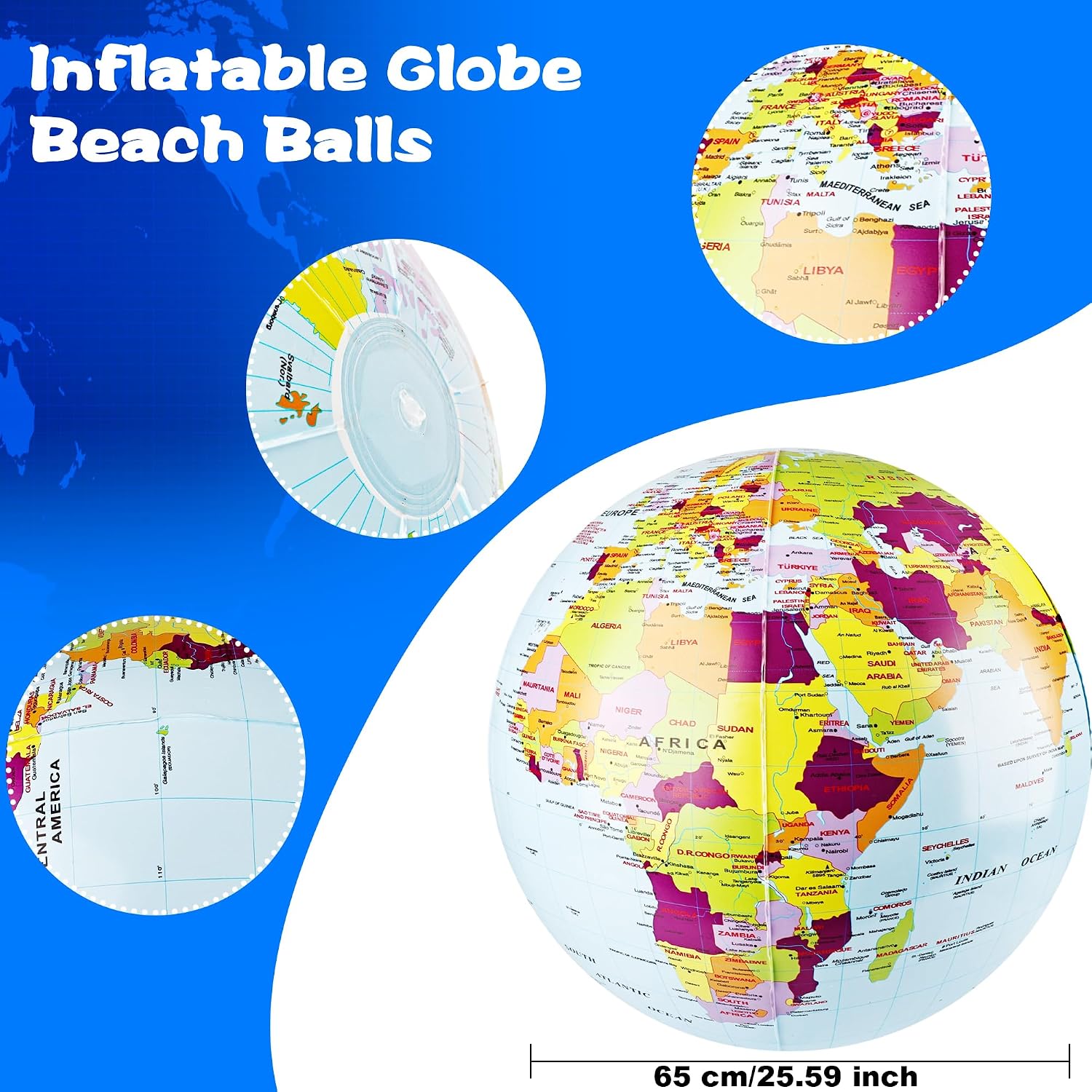 3 Pcs 24 Inch Giant Inflatable Globes Large Blow Up Beach Ball Inflatable World Globe for Summer Pool Party Earth Day Classroom Learning