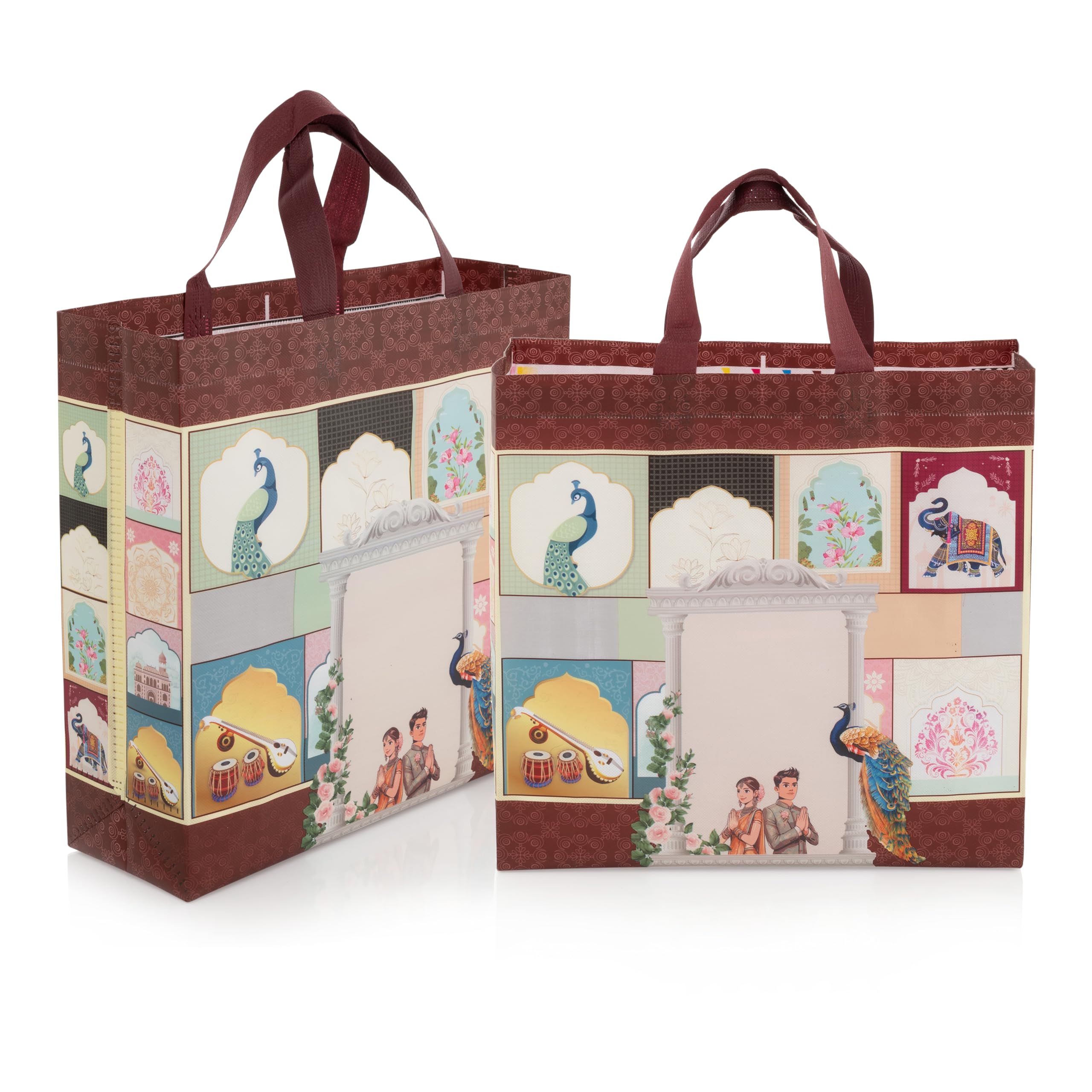 Lavya Medium Size Pack of 20 Pcs Reusable Non-Woven Laminated Gift Bags, Wedding Gifts, Shagun, Festival Gifting, Saree Mithai Gold, Silver Carry Bag (Wedding Celebration Maroon, M-13x12.5x4)