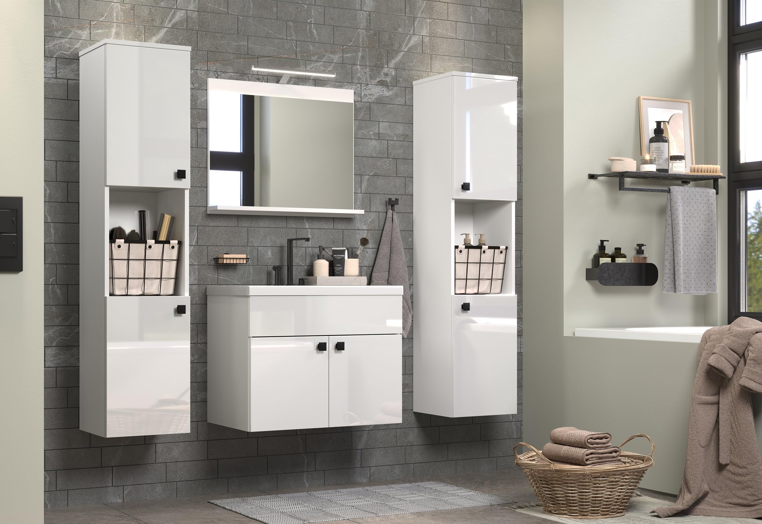 trendteam smart living Haven Badmöbel-Set Weiß/Weiß Hochglanz Lackiert 142 x 133 x 40 cm Waschbeckenschrank Hängend Inklusive Keramik-Einsatzwaschbecken 2 Hochschränke 1 Spiegel