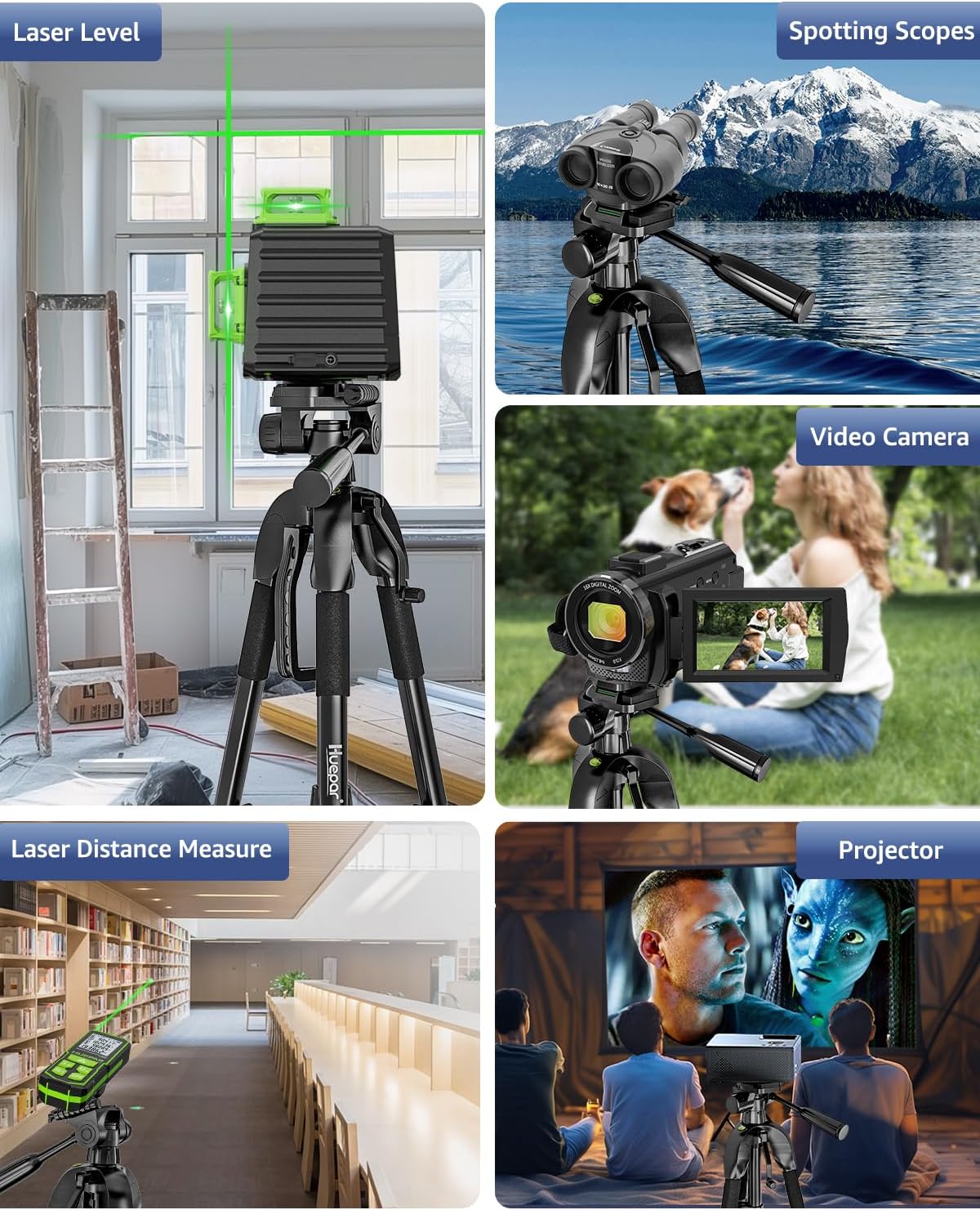 Laser Level Tripod, Huepar 56” Extendable Height Tripod for Line Lasers, Point Lasers, Laser Distance Measures, 1/4" and 5/8" Thread Mount, Multi-Function Hook, Non-Skid Feet, TPD14