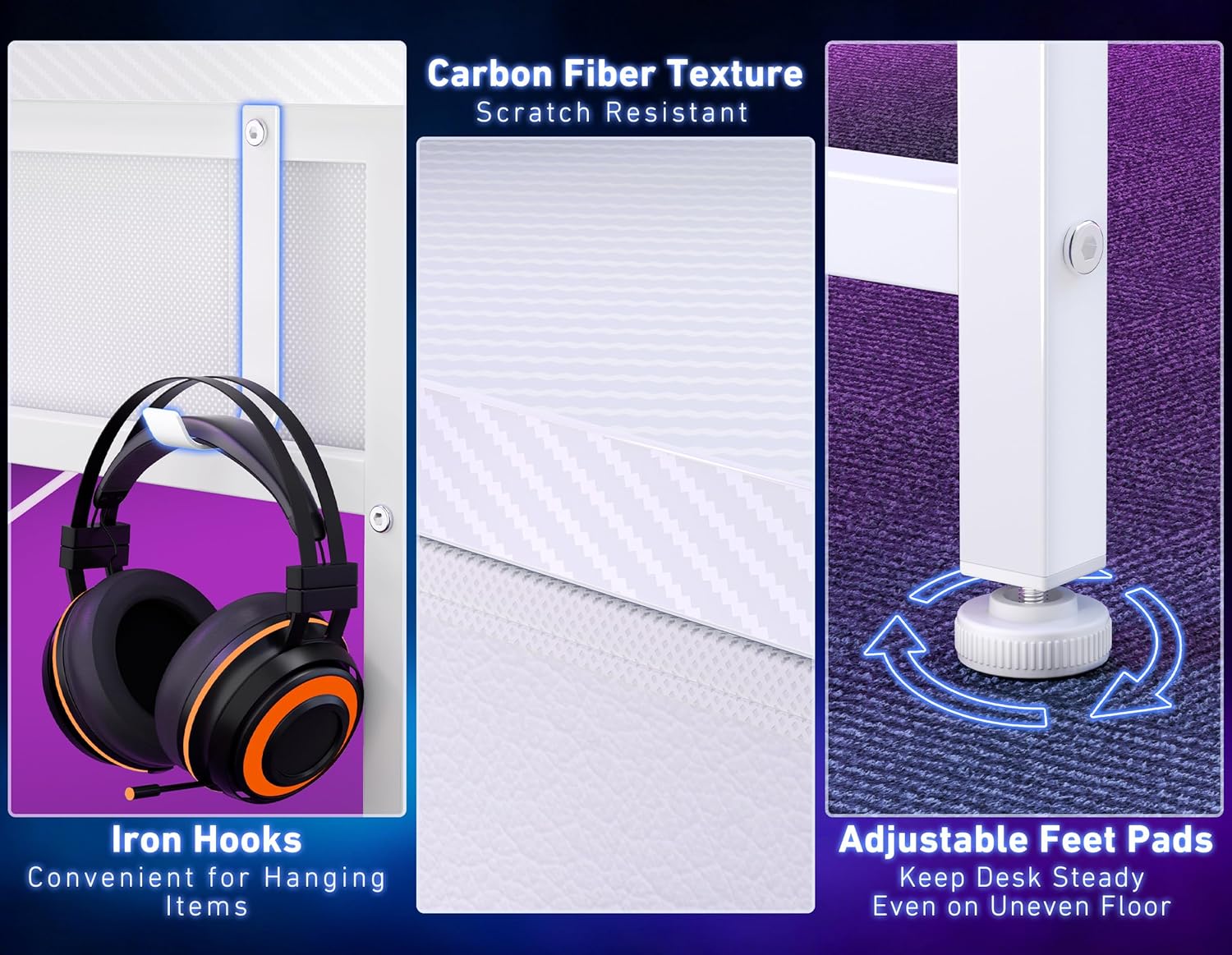 Detailed view of the headphone hook, carbon fiber textured surface, and adjustable feet pads on the HOMIDEC Gaming Desk.