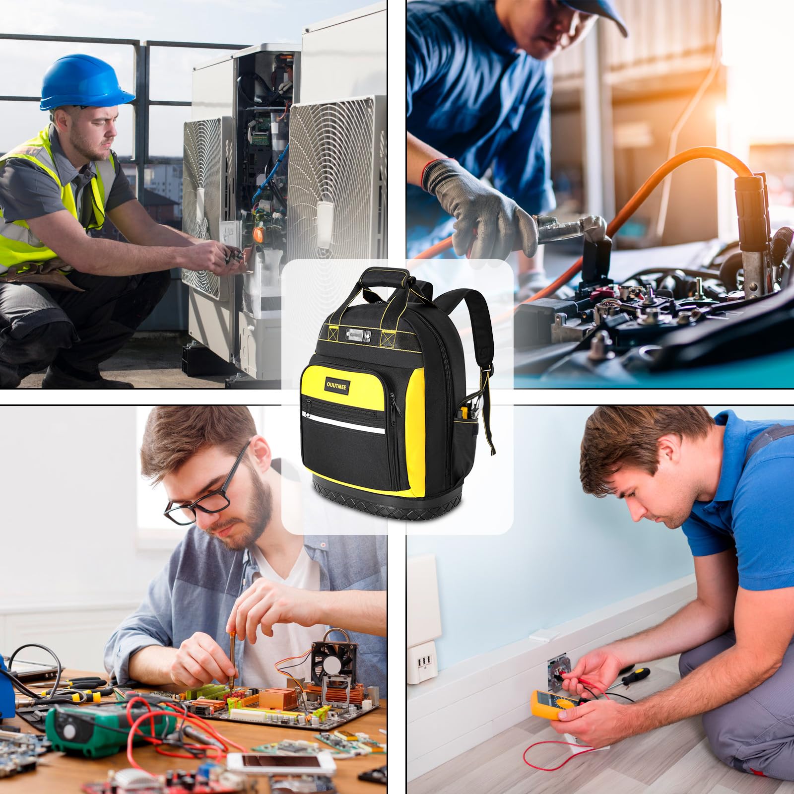 OUUTMEE Sac à Dos à Outils avec Base en Caoutchouc ABS, Sac à Outils Robuste avec Poches Multiples, Sacs Porte-Outils avec Bandoulière et Sangle de Taille pour Électriciens et Construction (Jaune)