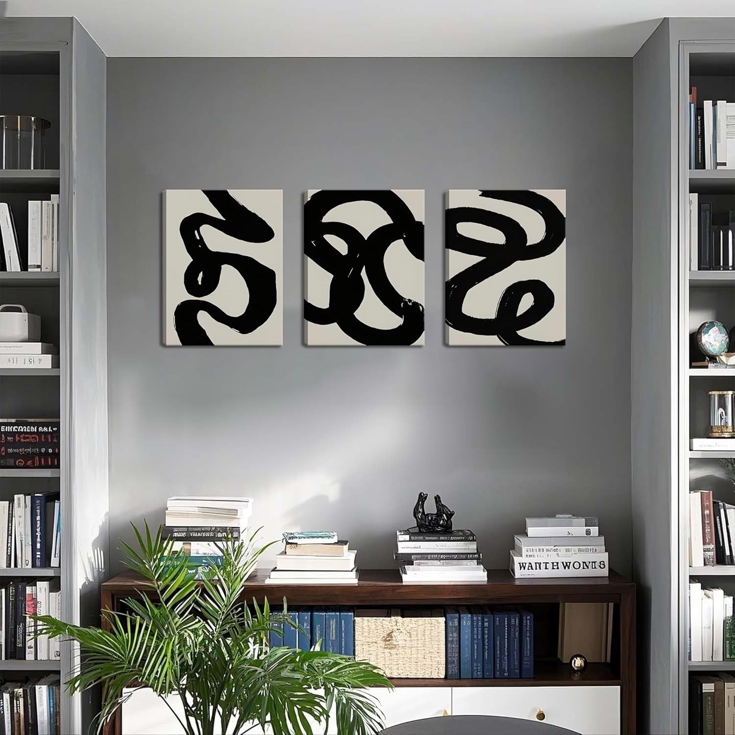 Framed Black Abstract Canvas Wall Art Set of 3, Black Ink Wash Line Picture Prints, Modern Minimalist Curve Artwork, Elegant Neutral Wall Decor for Living Room Bedroom Office 12x16in