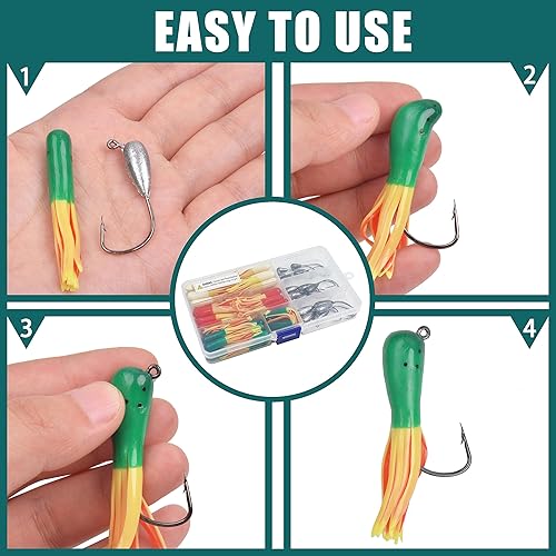 Miniatura 5 de Kit de cabezas de tubo de cebo de tubo, 60 piezas de señuelos de tubo de crappie, juego de anzuelos de plástico suave para gusanos, plantillas de