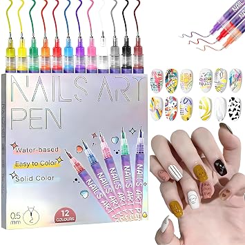 12 Color Nails Polish Pen Set,Nails Design Drawing Pen for Gel Nails,DIY Nails Polish Drawing Painting Liner Pen,Nails DIY Decoration for Kids A-1 Set