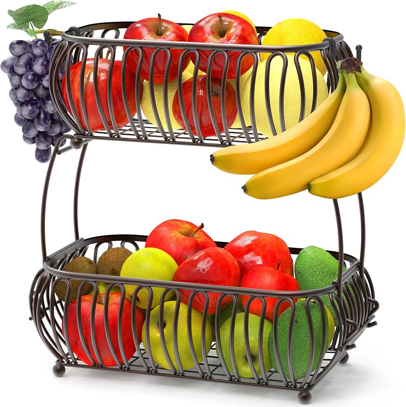 Simple Houseware 2-Tier Countertop Oblate Fruit Basket Holder, Bronze