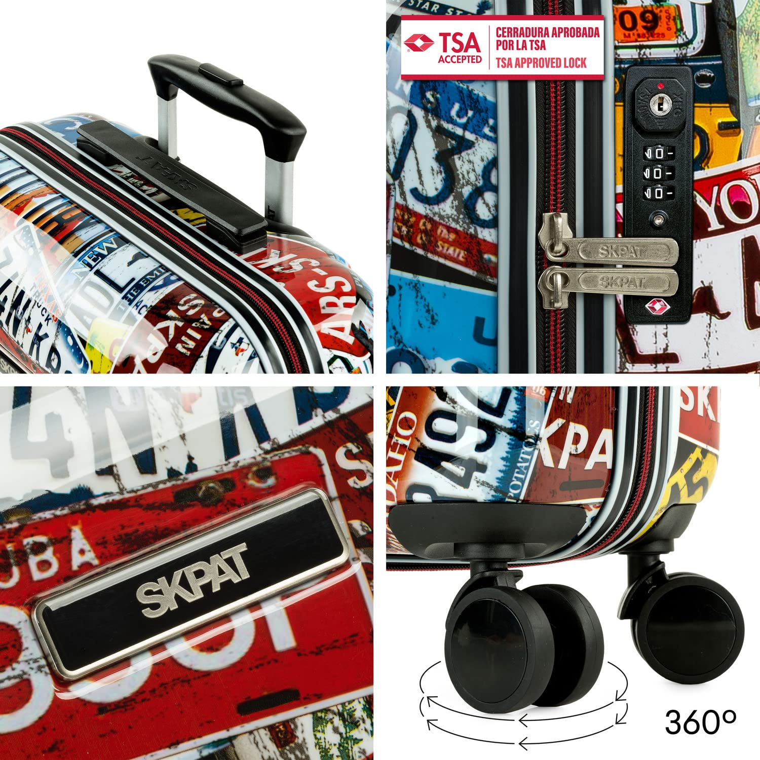 SKPAT - Walizka kabinowa Wózek 55 cm 4 Podwójne koła. Kłódka TSA. Lekki. Drukowany Policarbonate 132450, Czarny